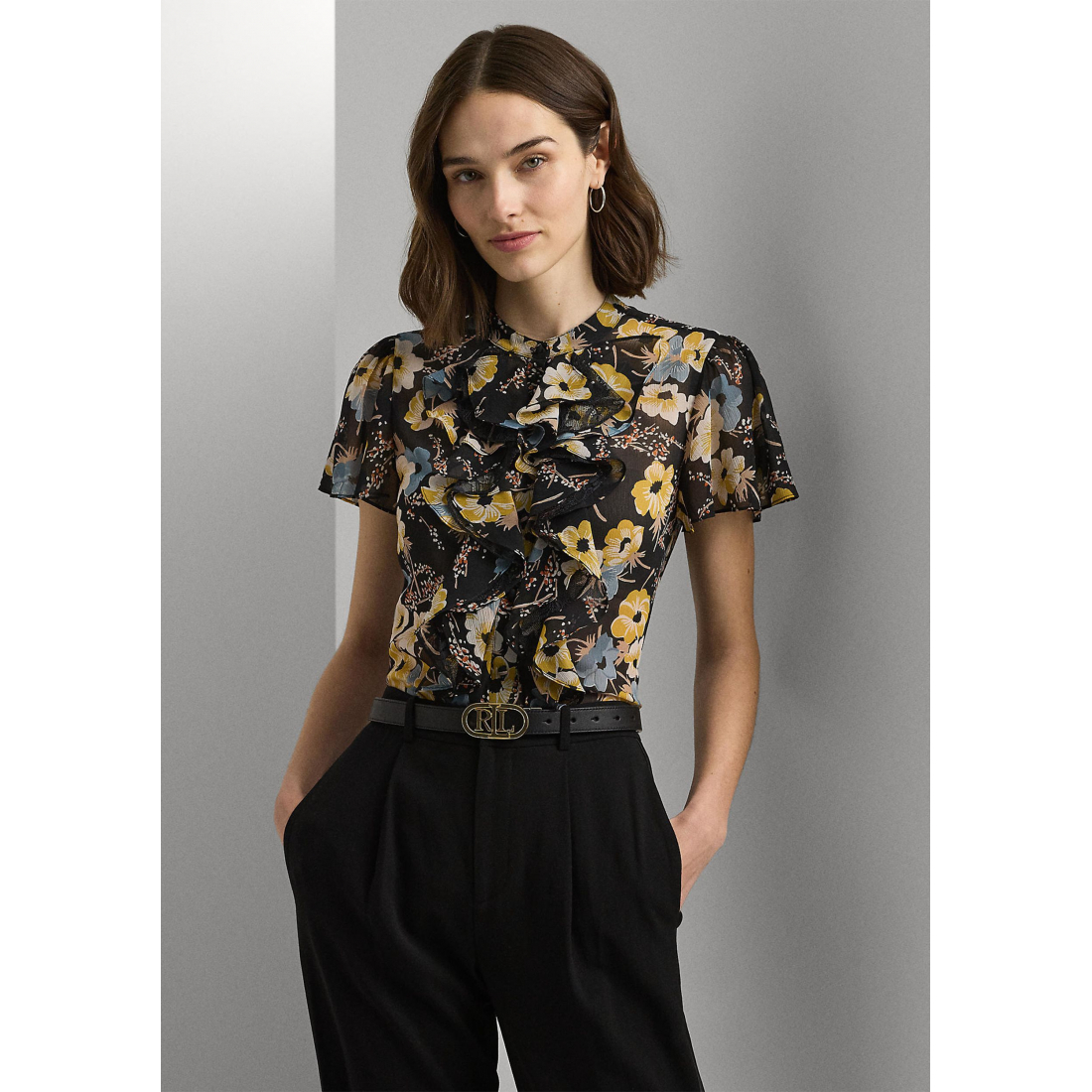 'Floral Ruffle-Trim Georgette' Bluse für Damen