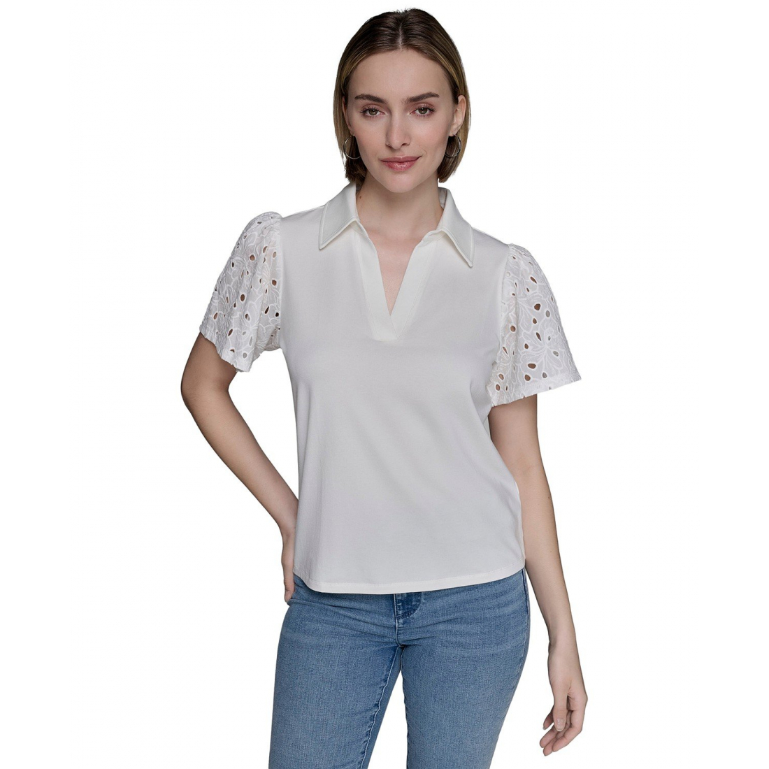 Top 'Mixed-Media Eyelet Knit' pour Femmes