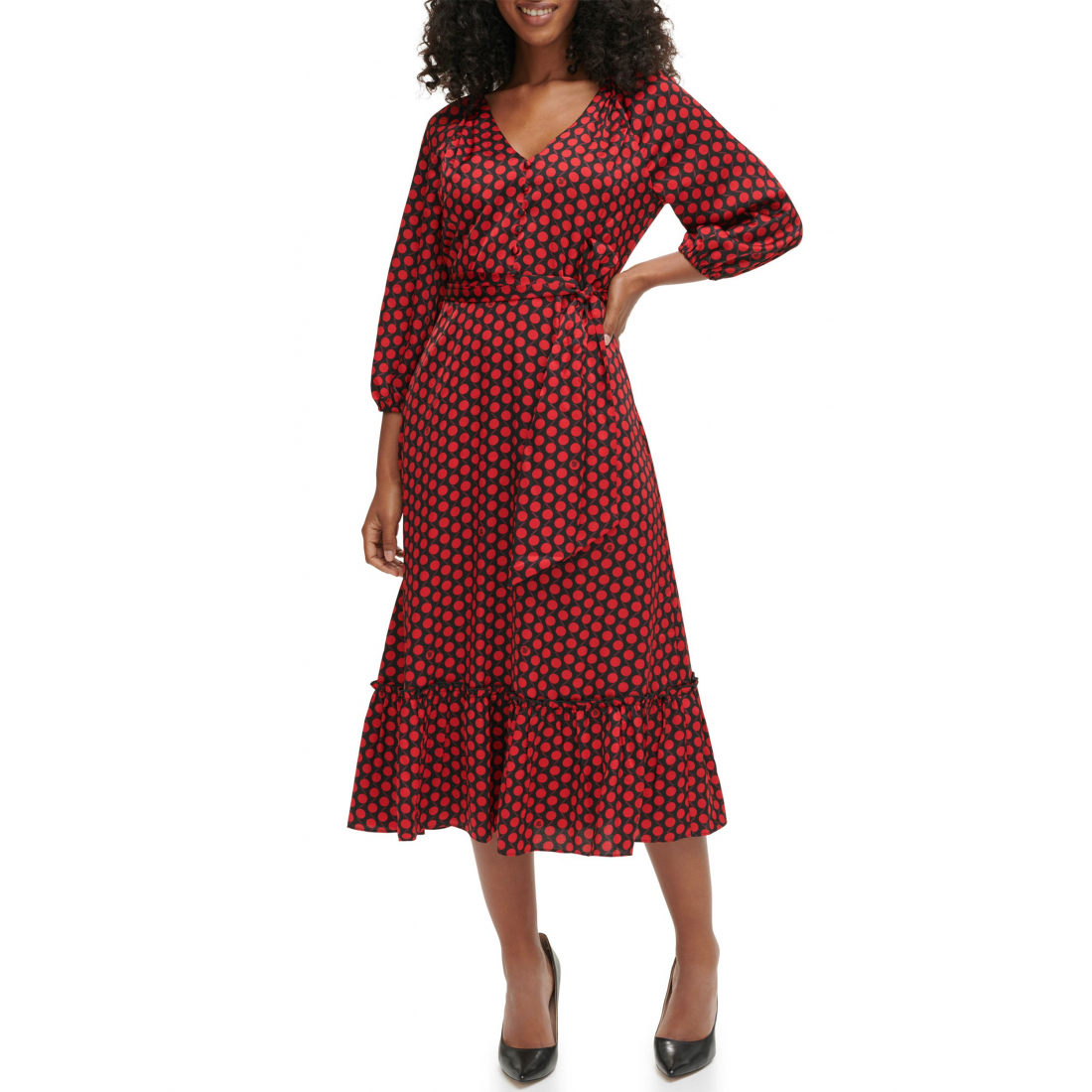 Robe Midi '3/4 Sleeve V-Neck Dot Print Belted' pour Femmes