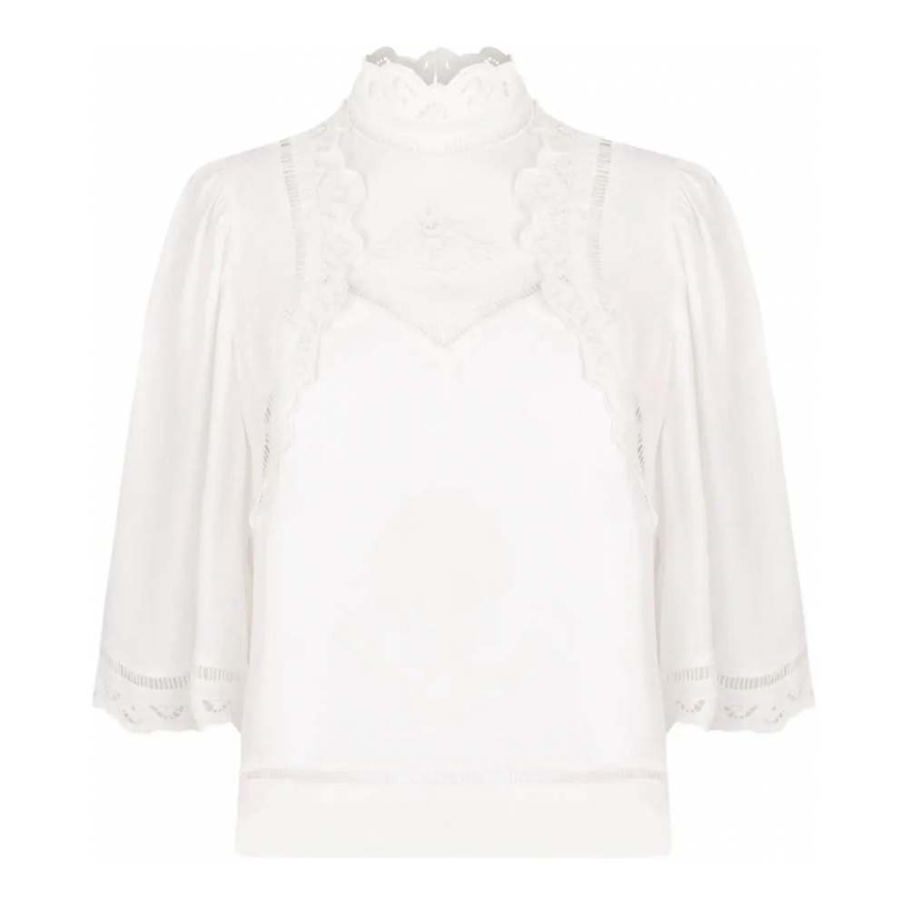 Blouse à manches 3/4 'Embroidered Lace-Trimmed' pour Femmes