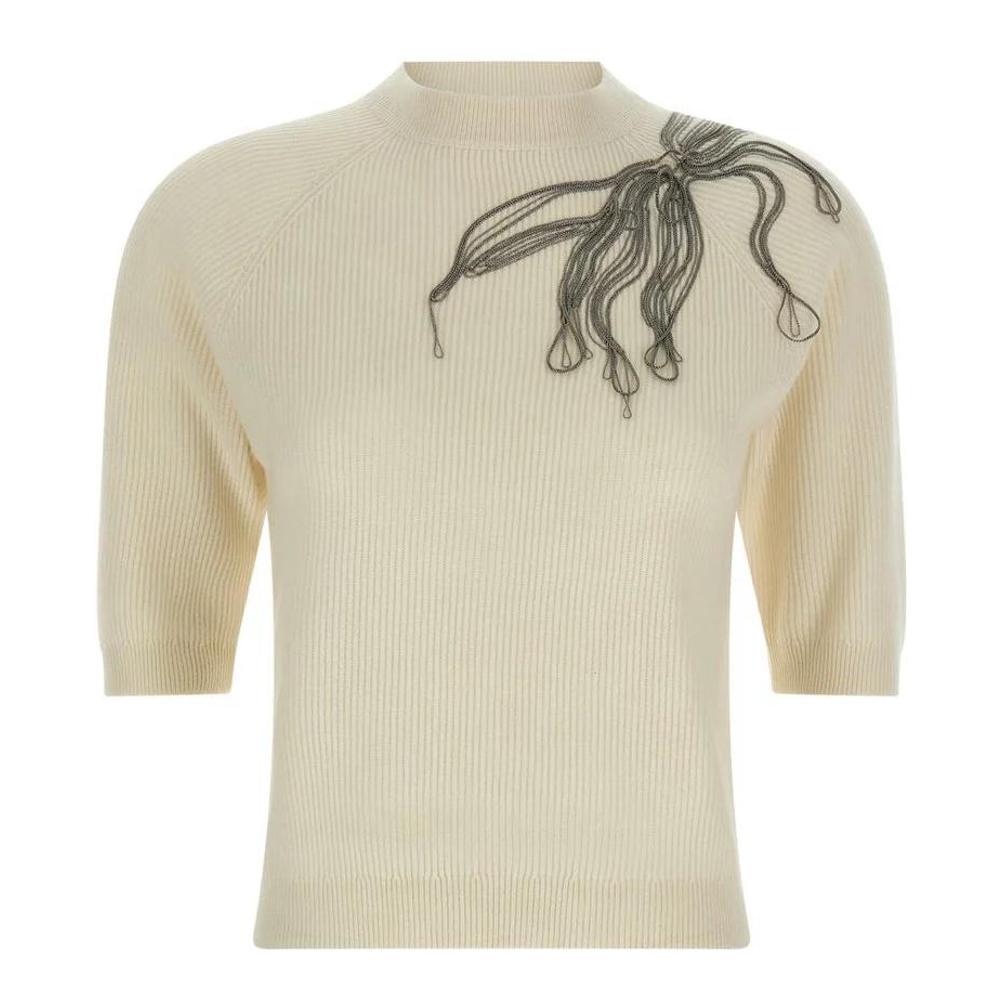 Top à manches courtes 'Shiny Flower Embroidery' pour Femmes