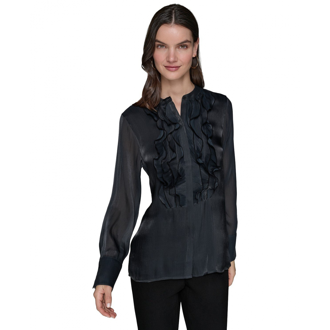 Women's 'Ruffled-Front Organza' Long Sleeve Blouse
