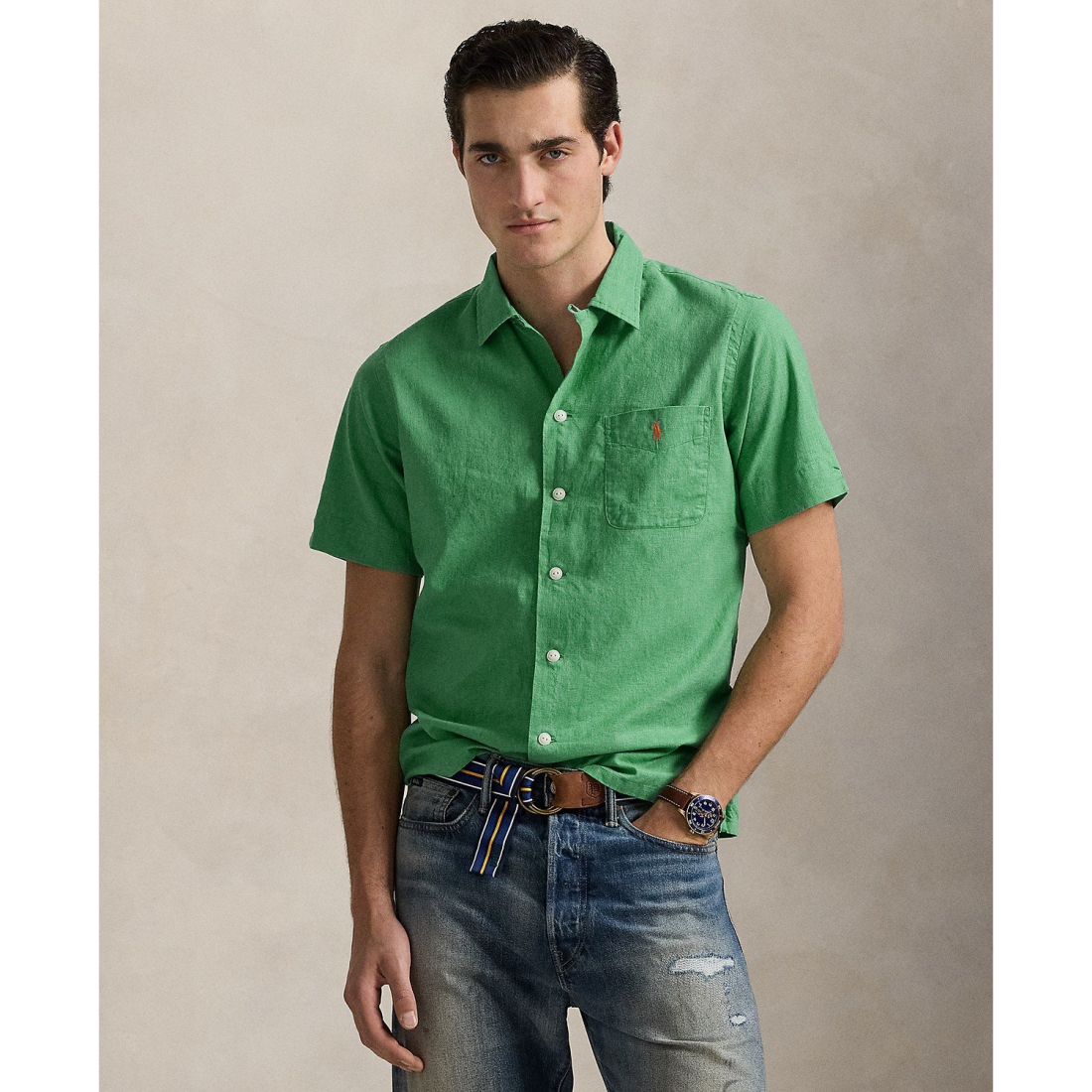 Chemise à manches courtes 'Classic-Fit Linen-Cotton Camp' pour Hommes