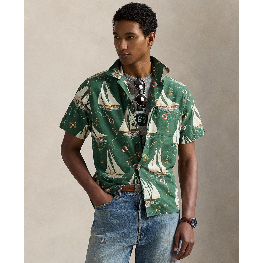 Chemise à manches courtes 'Classic-Fit Sailboat Oxford Camp' pour Hommes