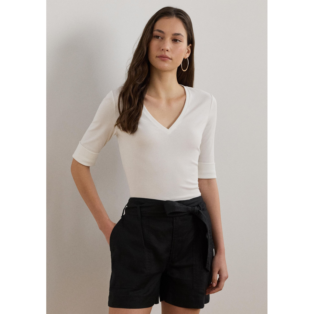 T-shirt 'Stretch Cotton Elbow-Sleeve V-Neck' pour Femmes