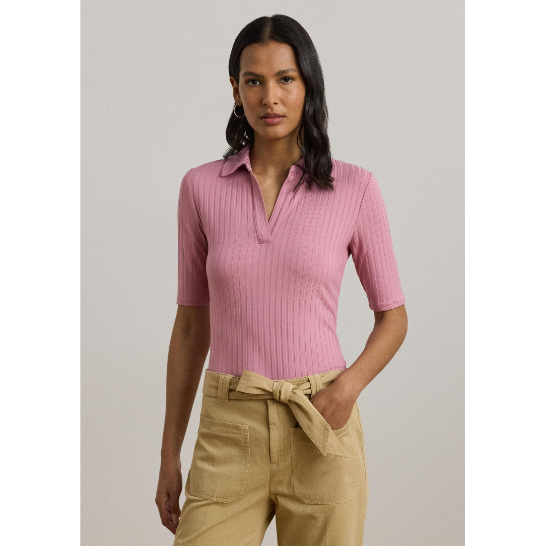 T-shirt 'Rib-Knit Elbow-Sleeve Polo' pour Femmes