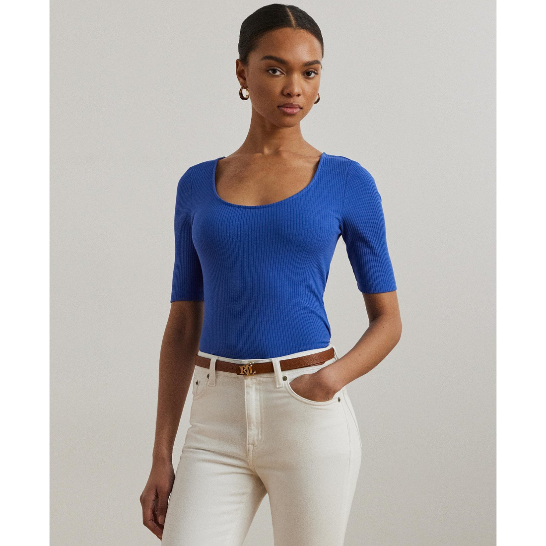 T-shirt 'Rib-Knit Cotton-Blend Elbow-Sleeve' pour Femmes