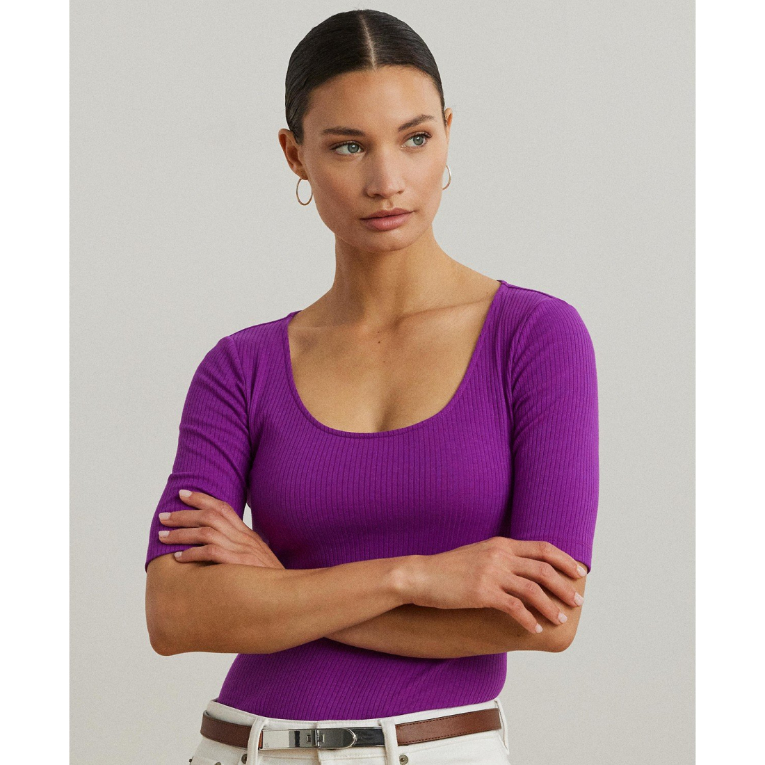 T-shirt 'Rib-Knit Cotton-Blend Elbow-Sleeve' pour Femmes