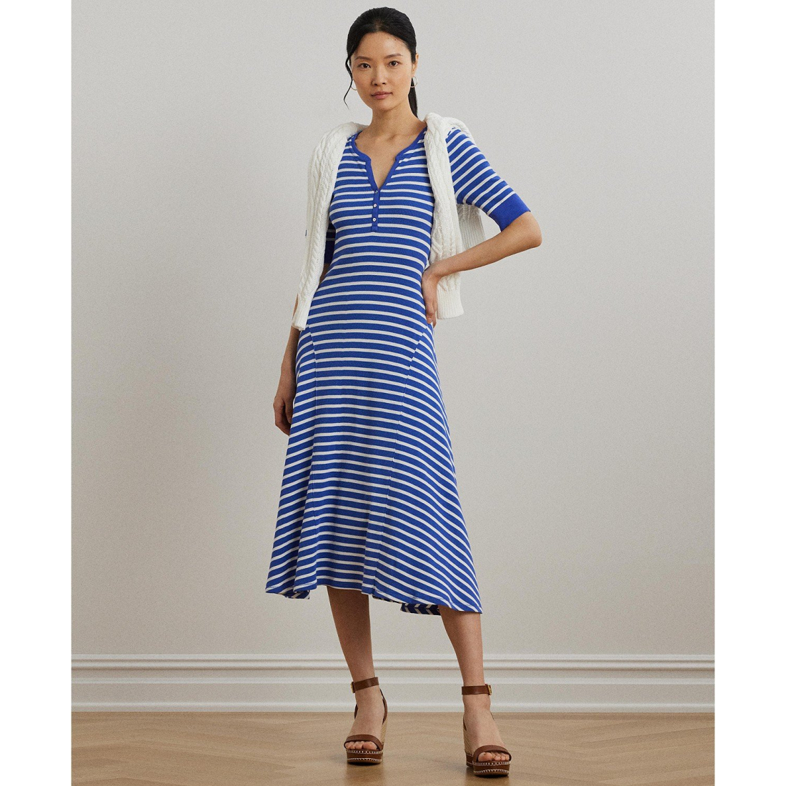 Women's 'Striped Waffle-Knit Cotton Henley' Midi Dress