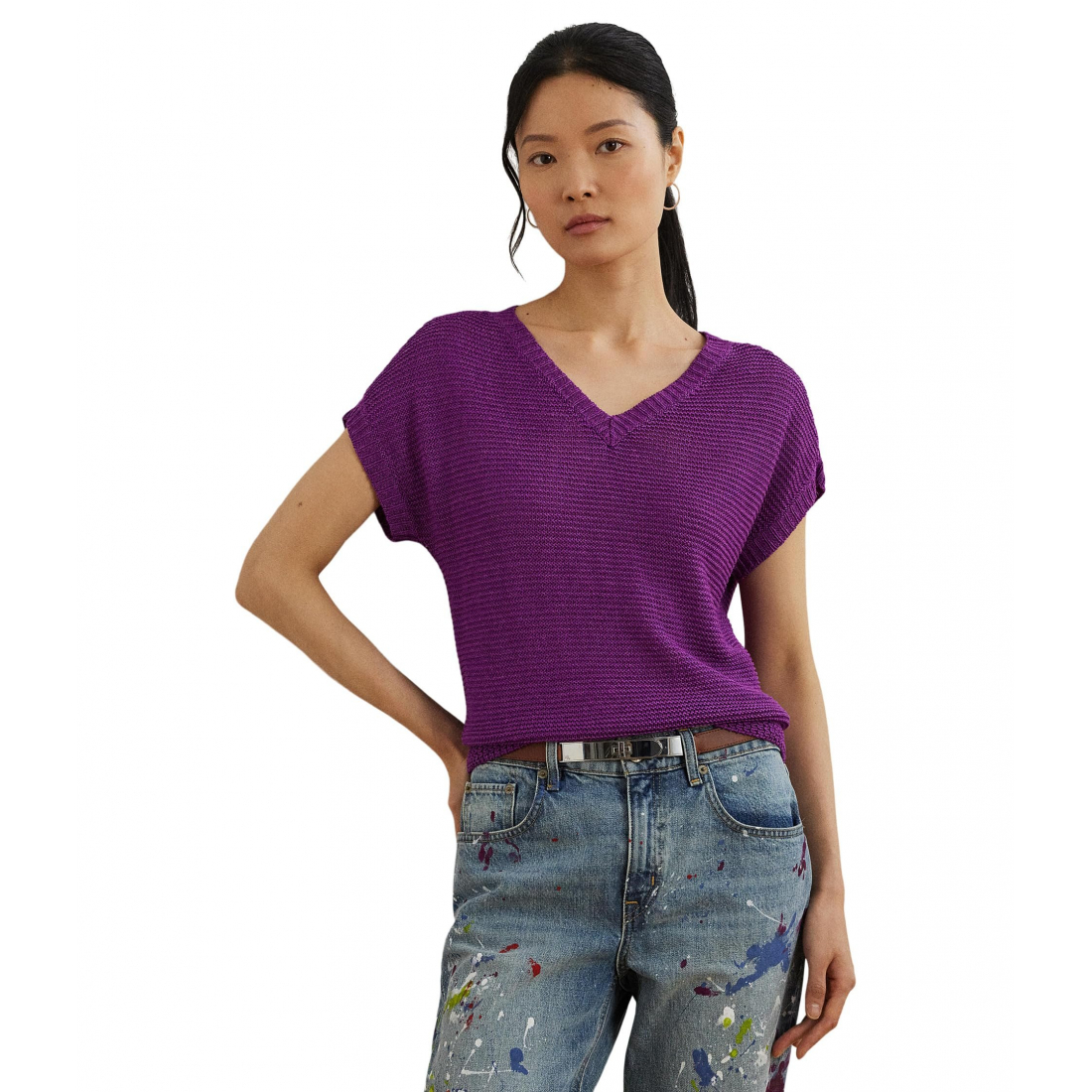 Pull à manches courtes 'Linen-Blend Short-Sleeve V-Neck Sweater' pour Femmes