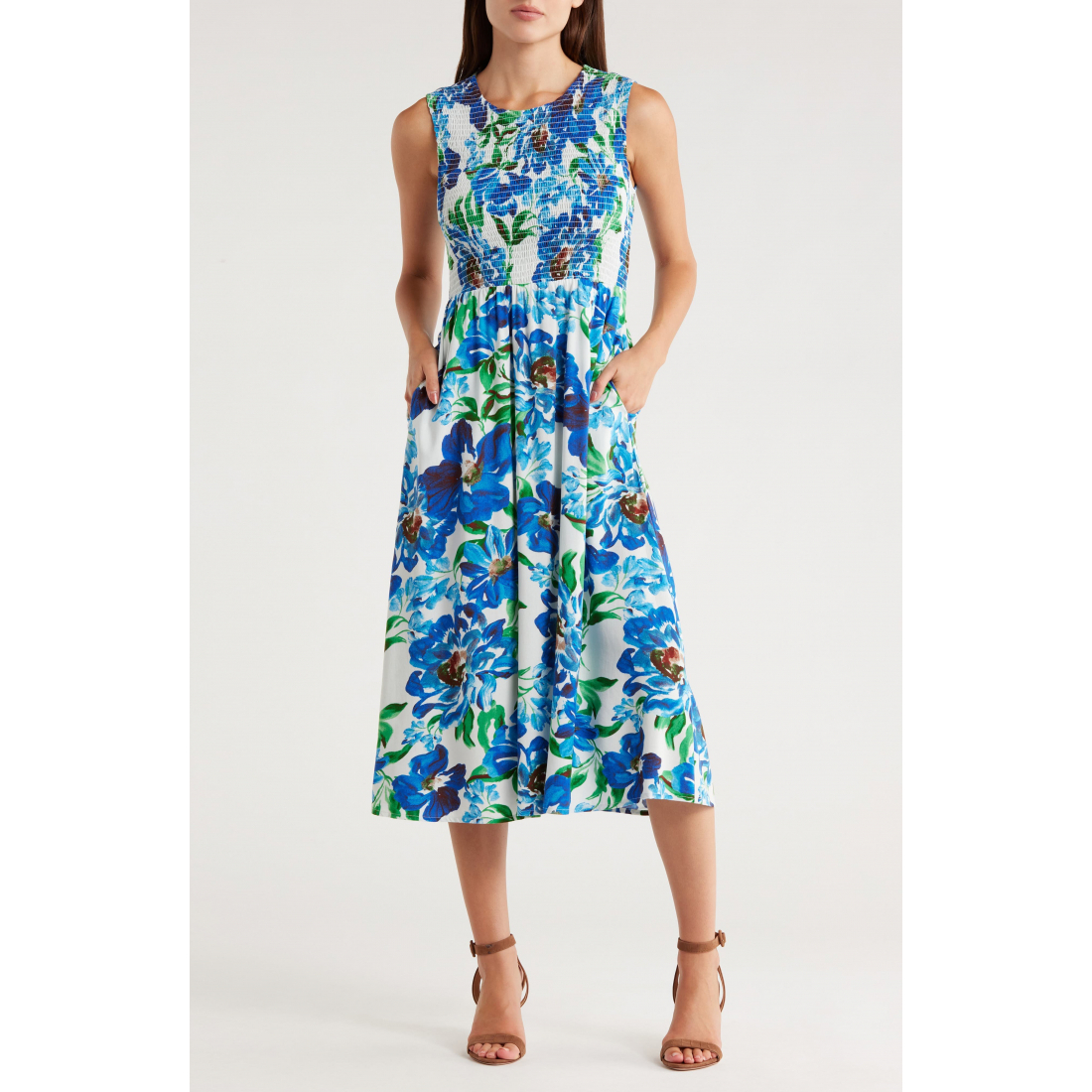 Robe Midi 'Floral Smocked Sleeveless Fit & Flare' pour Femmes