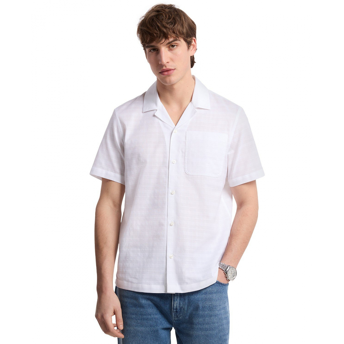 Chemise à manches courtes 'Relaxed Fit Voile Dobby Check Button-Front Camp' pour Hommes