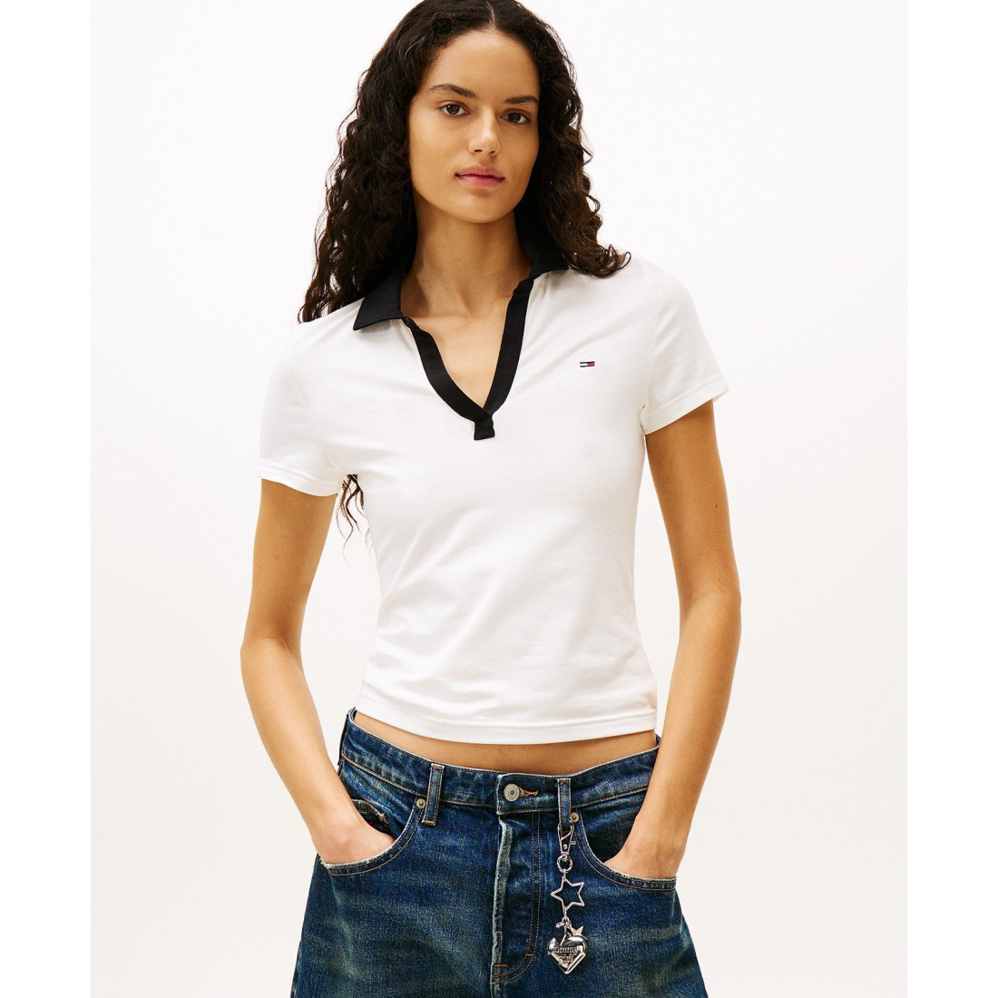 'Contrast-Collar' Kurzarm Top für Damen