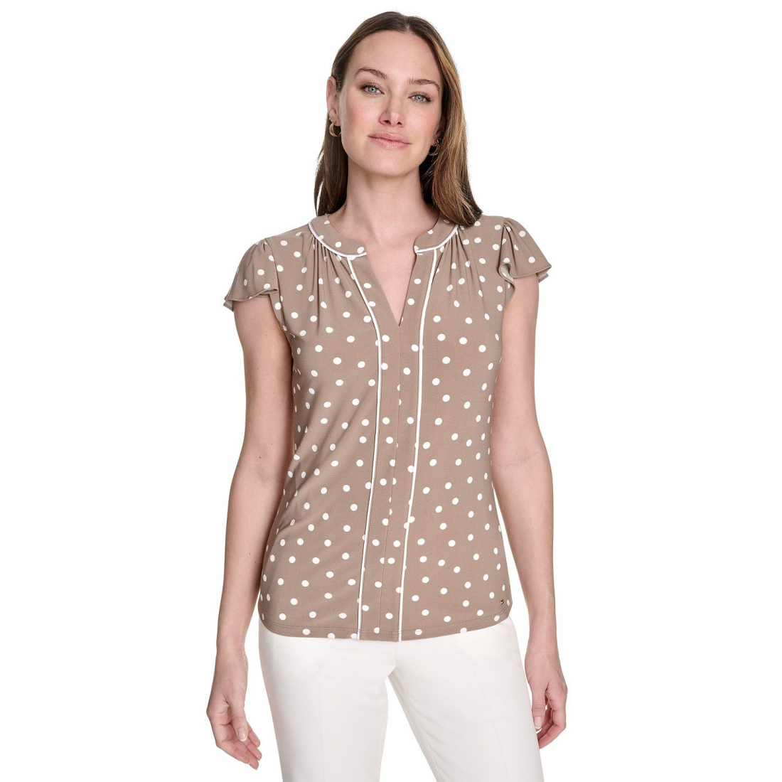 Top 'Dot-Print Split-Neck Flutter-Sleeve' pour Femmes
