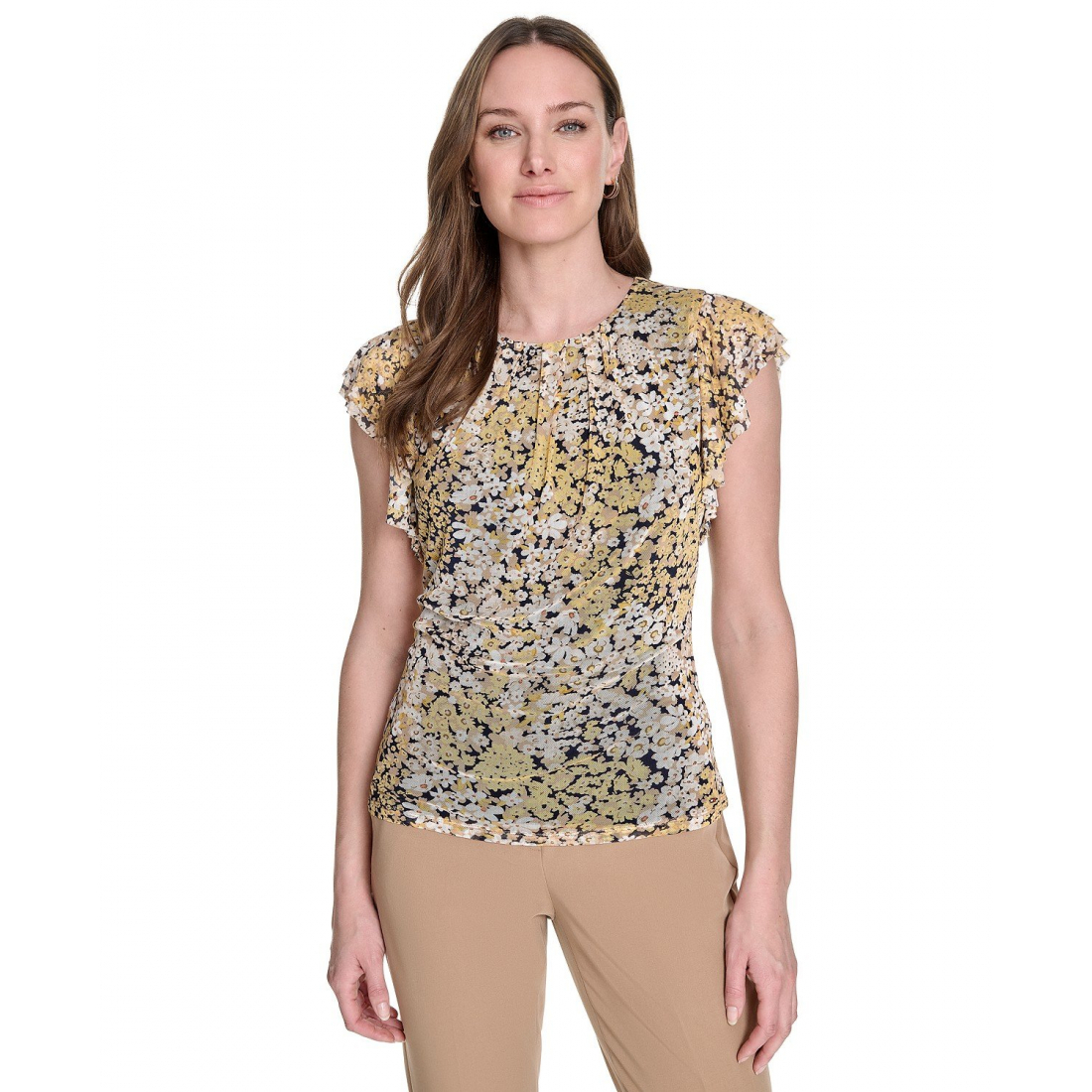 'Printed-Mesh Flutter-Sleeve' Top für Damen