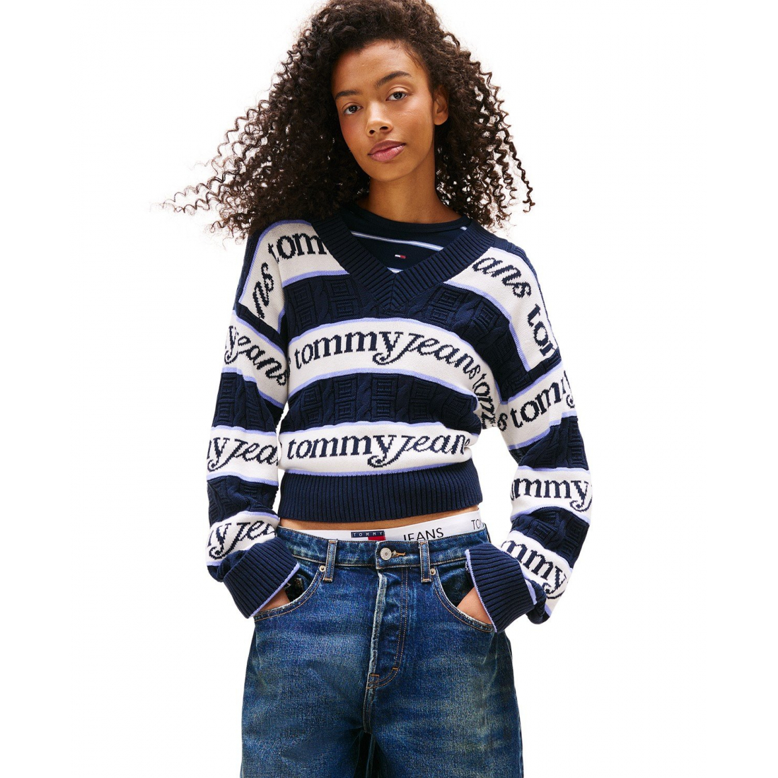 Women's 'V-Neck Stripe Logo Cotton' Sweater