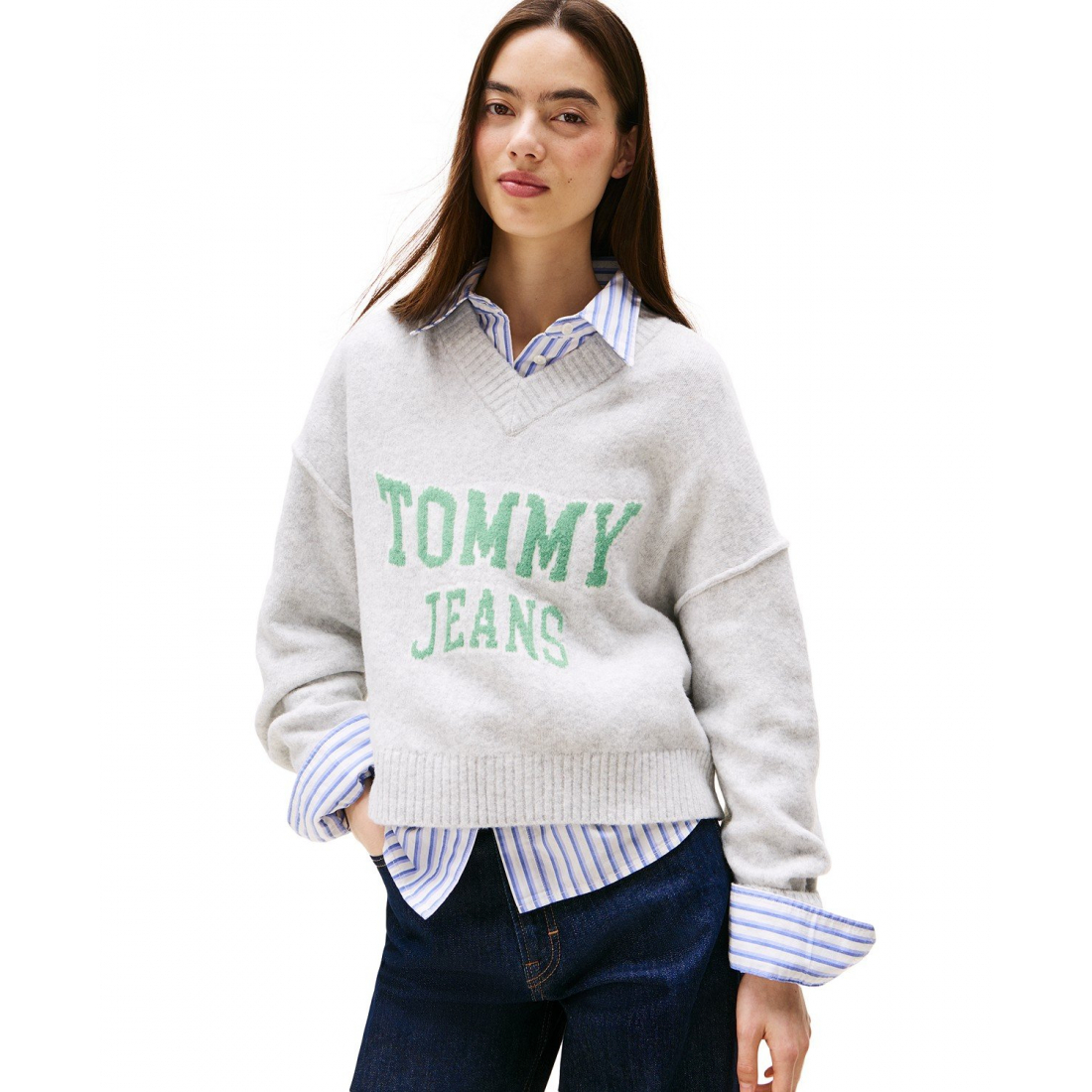 Pull 'Varsity V-Neck Long-Sleeve Logo' pour Femmes