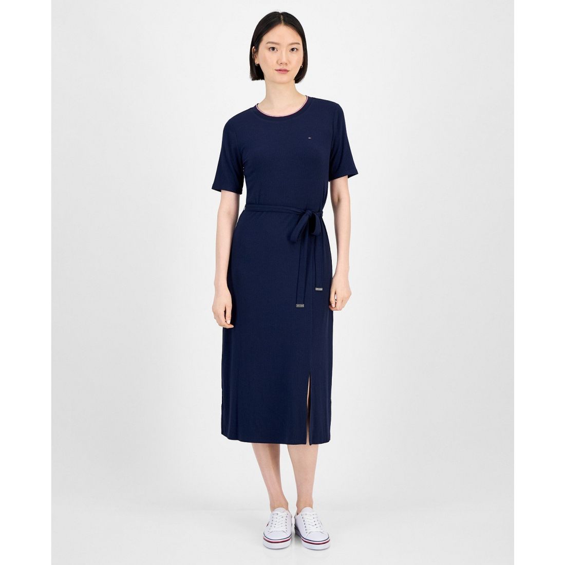 Robe Midi 'Ribbed Belted Short-Sleeve' pour Femmes