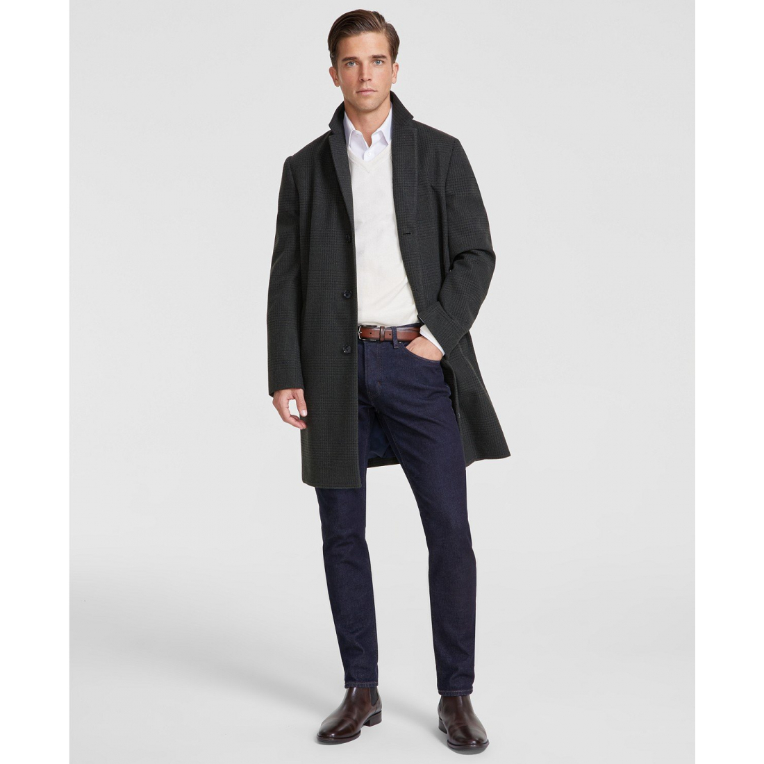 Manteau 'Modern-Fit Plaid Olive Charcoal' pour Hommes