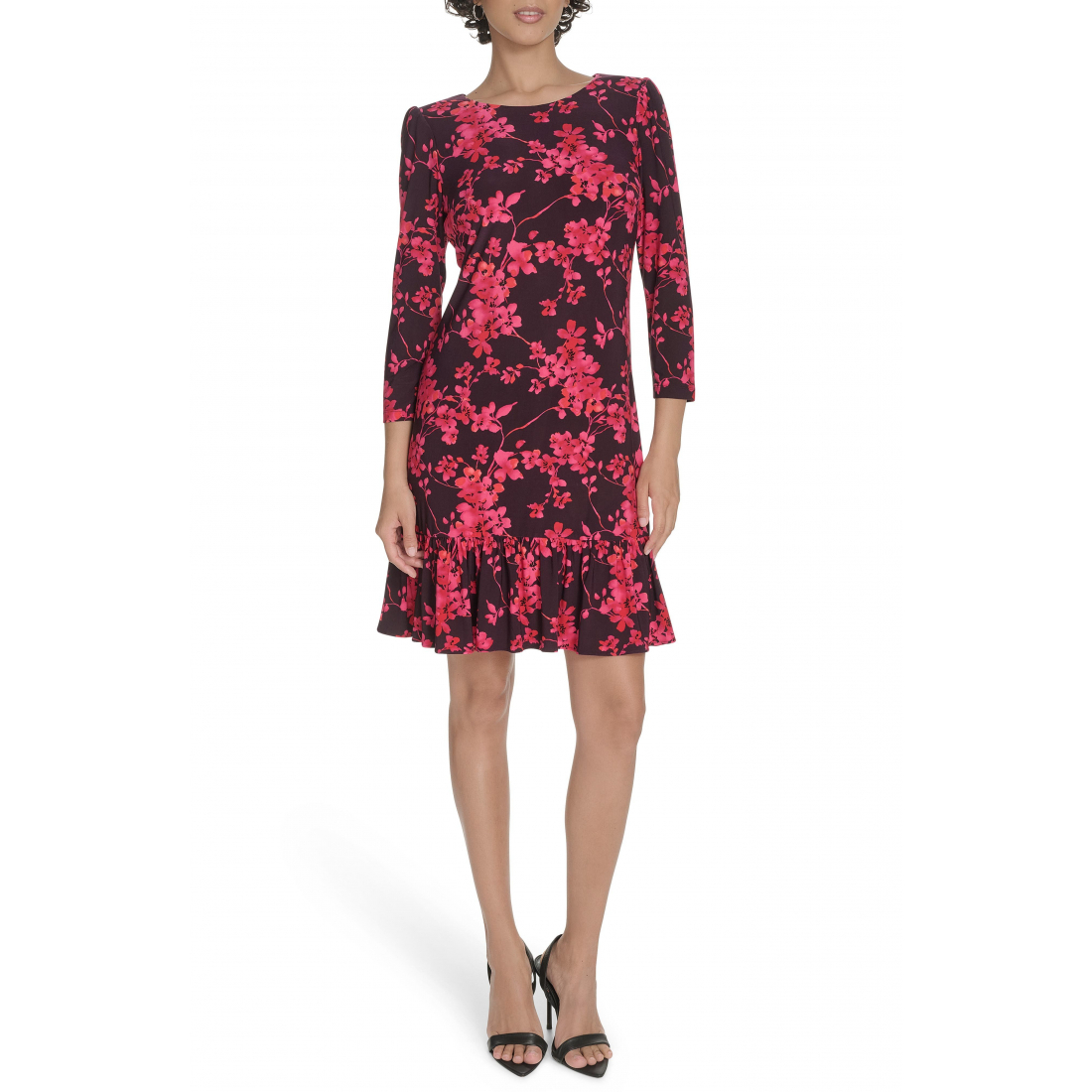 Robe droite 'Floral Three-Quarter Sleeve Ruffle Hem' pour Femmes