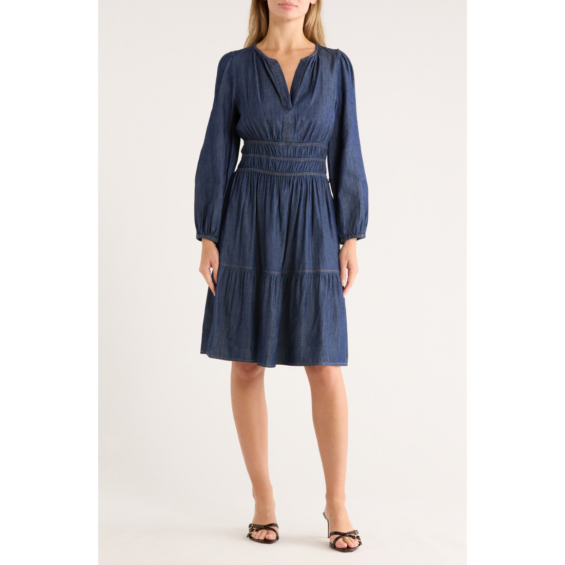 Robe ajustée et évasée 'Long Sleeve Chambray' pour Femmes
