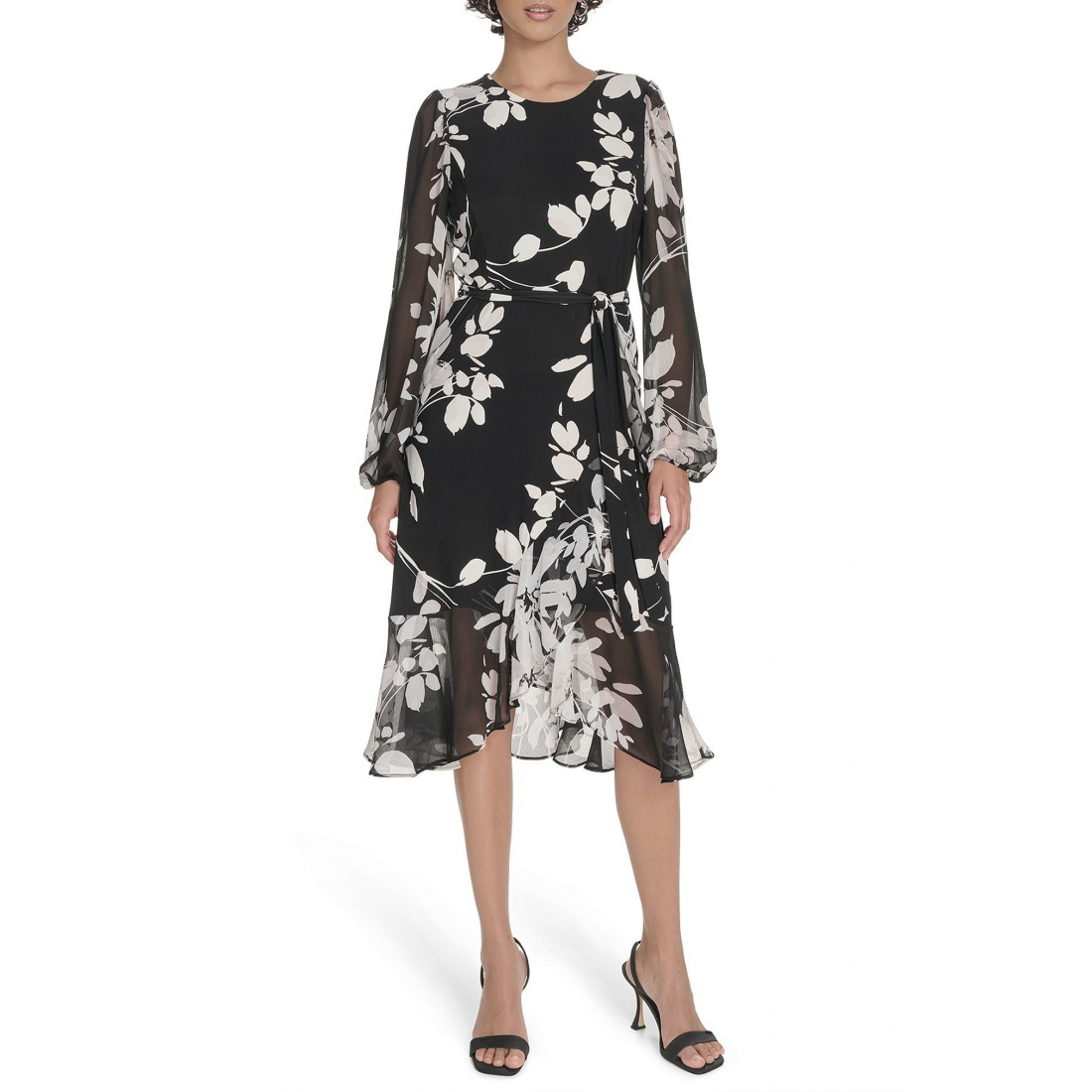 Robe Midi 'Floral Long Sleeve Ruffle Mixed Media' pour Femmes