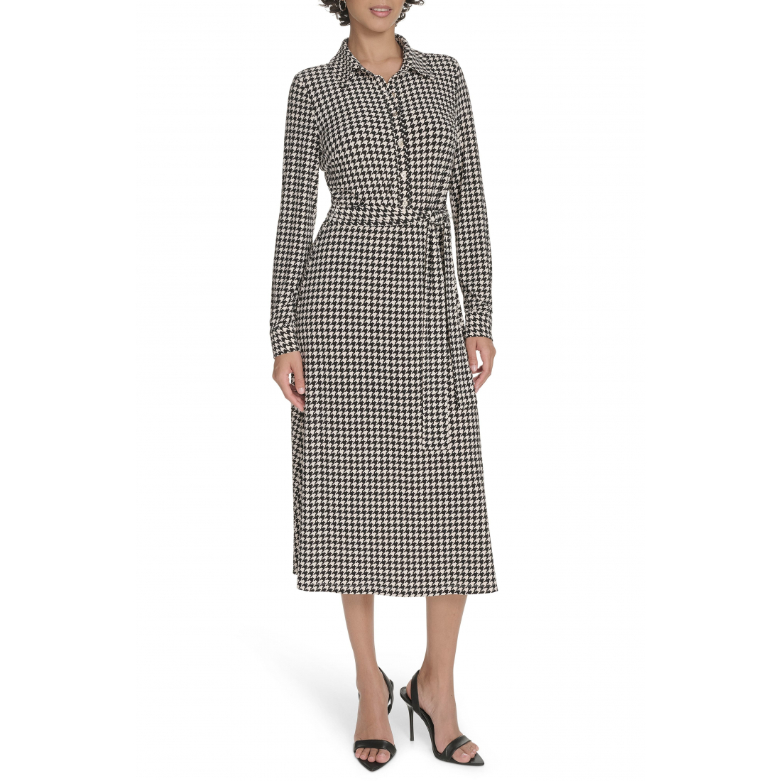 Women's 'Houndstooth Long Sleeve Tie Waist' Shirtdress