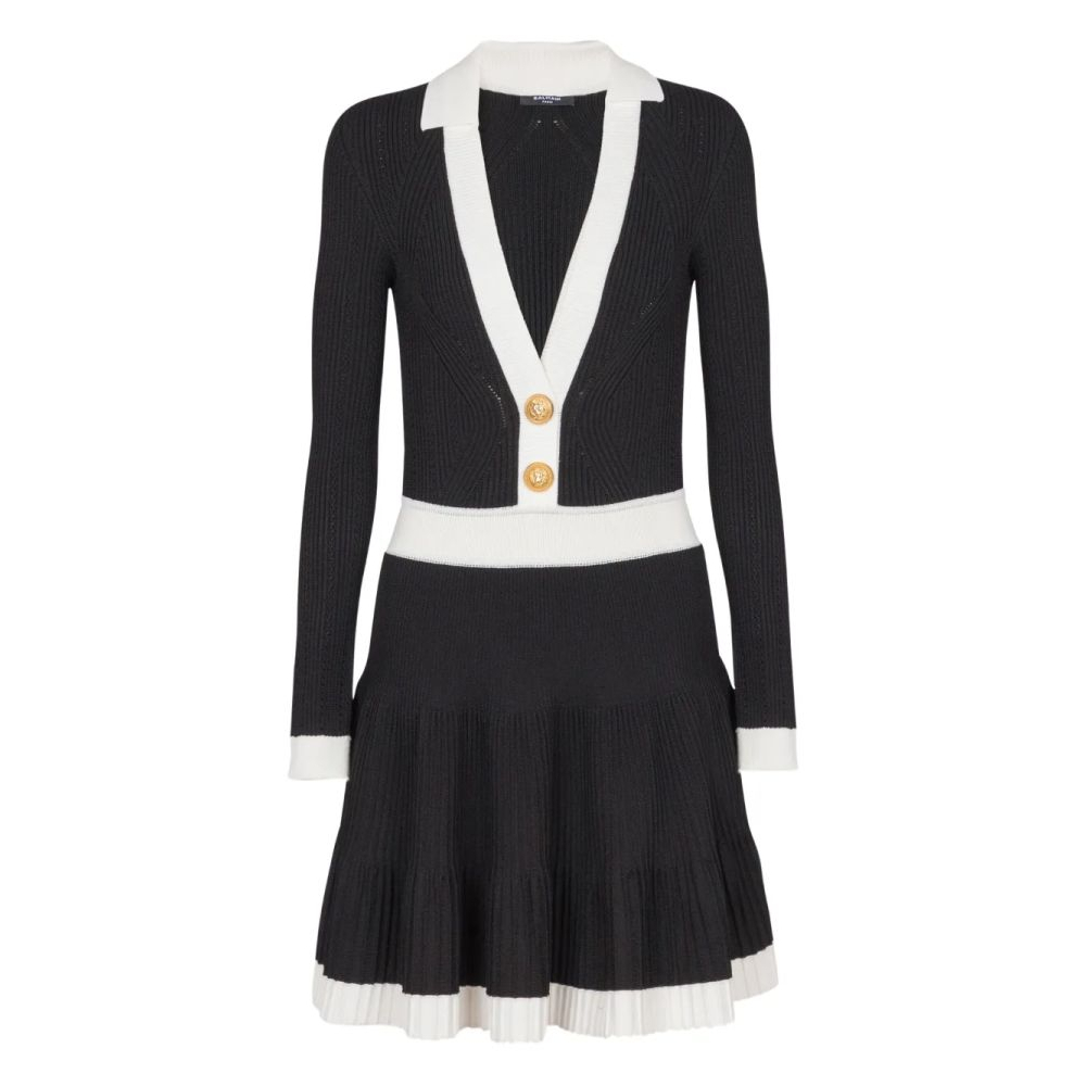 Women's 'V-Neck Pleated Knit' Long-Sleeved Dress