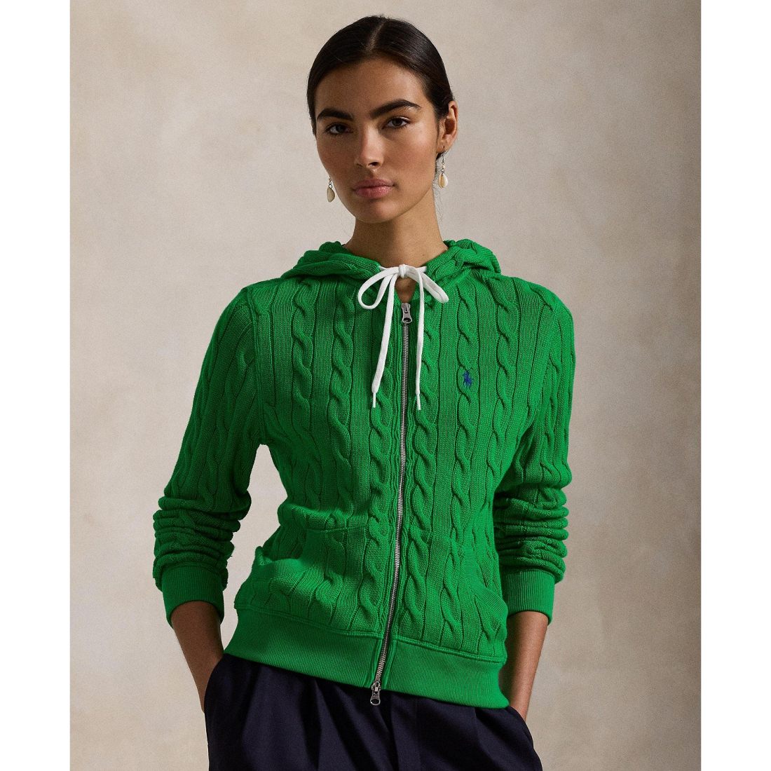 'Cable-Knit Cotton Full-Zip Hoodie Sweater' pour Femmes