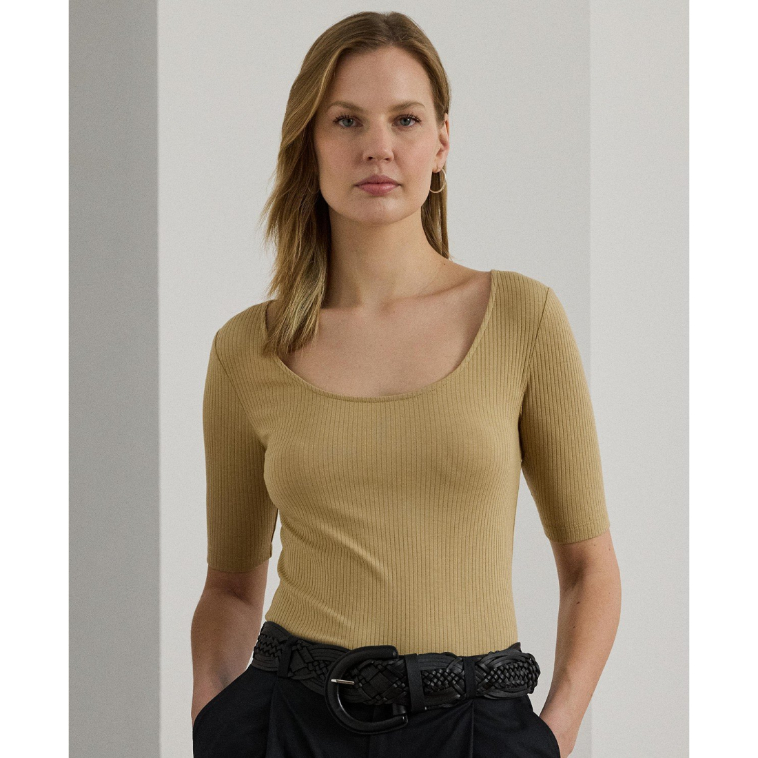 'Rib-Knit Cotton-Blend Elbow-Sleeve Tee' pour Femmes