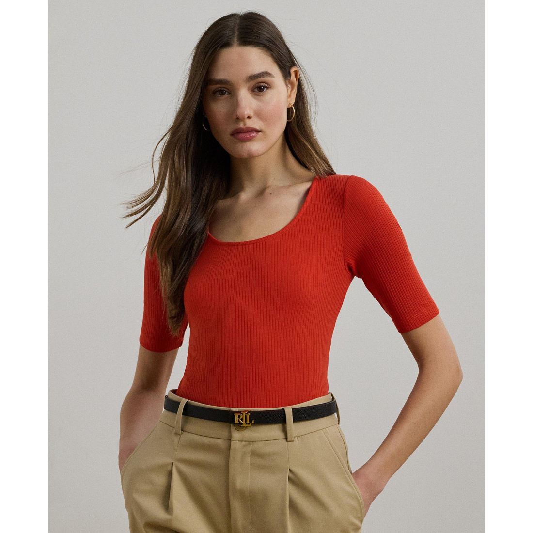 'Rib-Knit Cotton-Blend Elbow-Sleeve Tee' pour Femmes