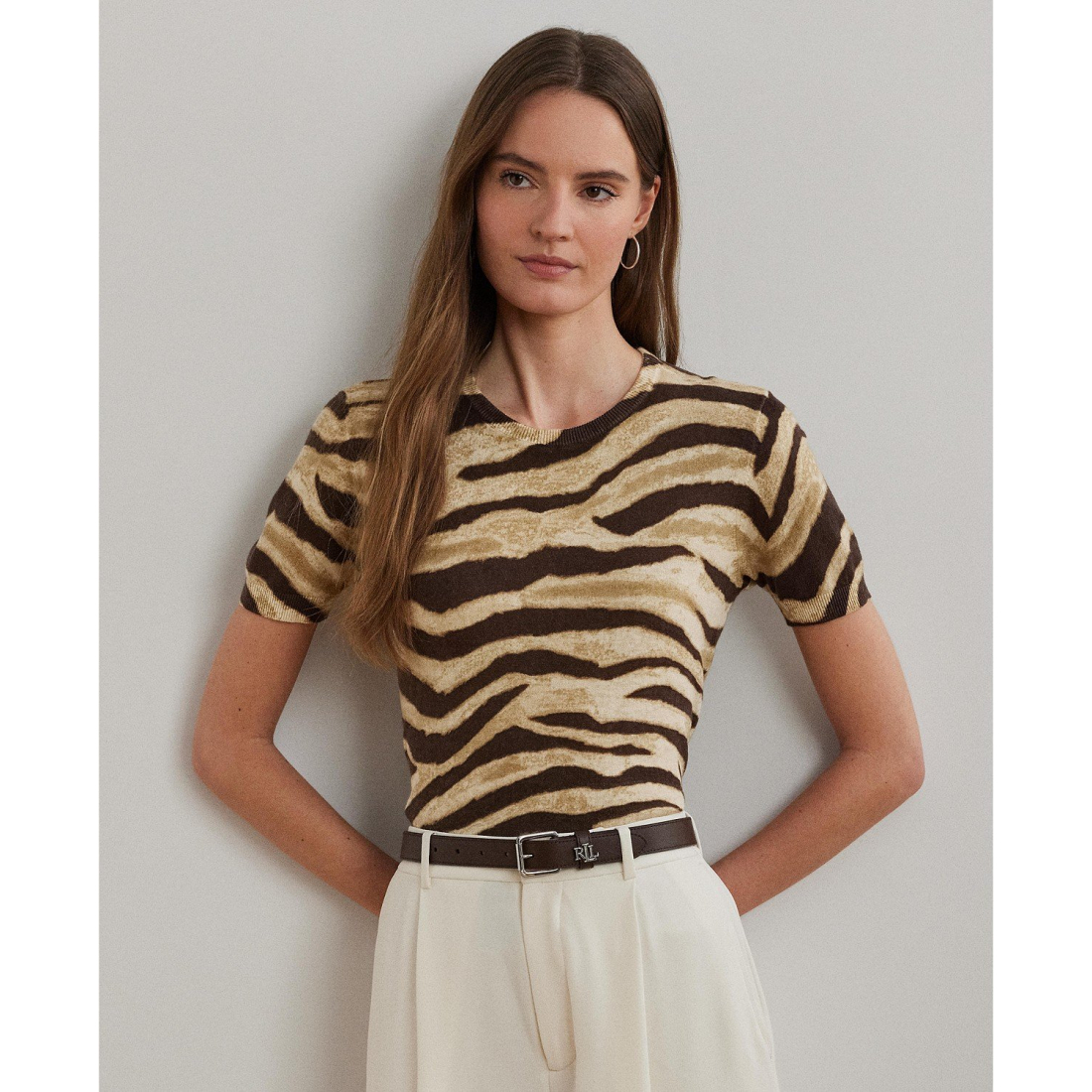 'Print Linen-Cotton Short-Sleeve Sweater' pour Femmes