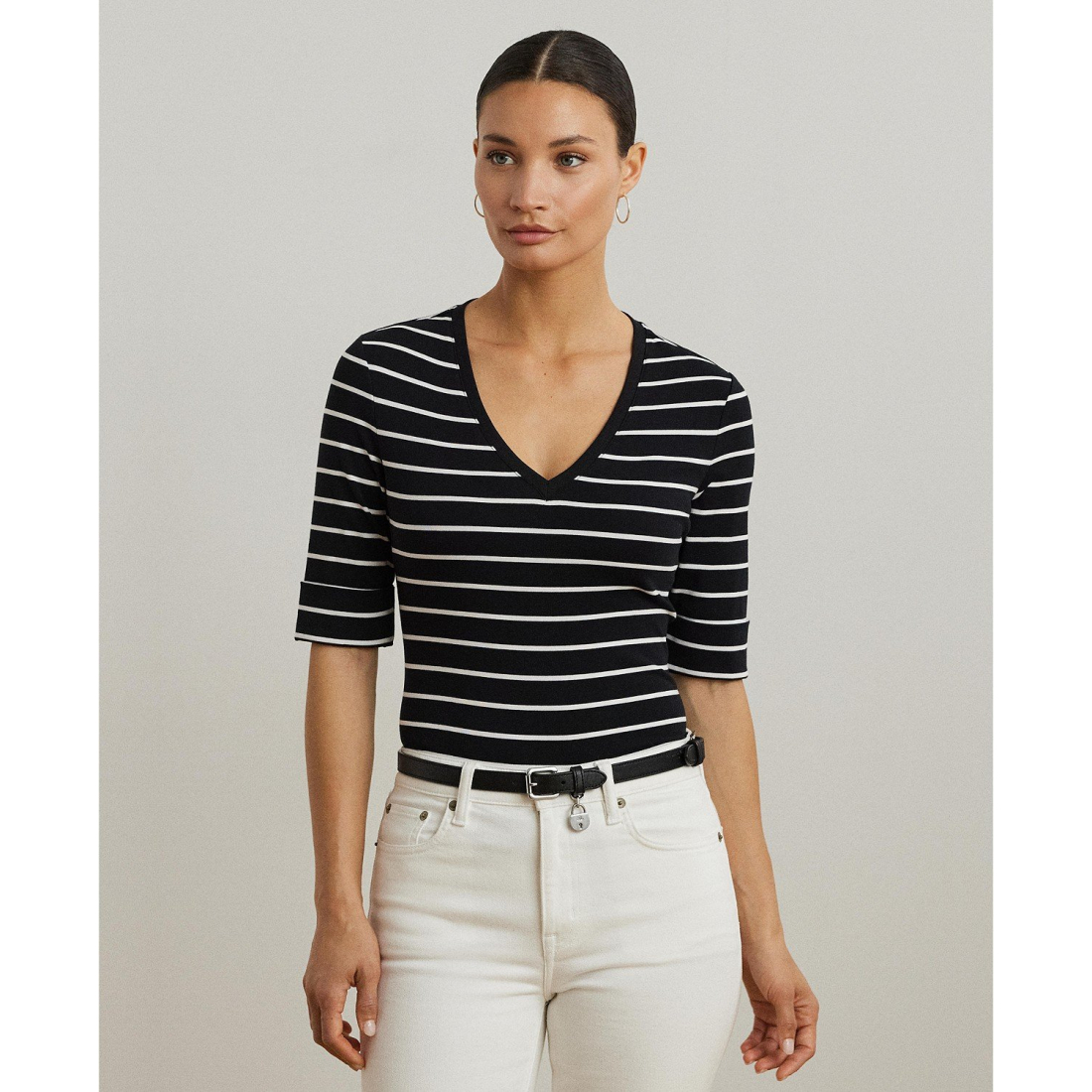 'Striped Cotton Elbow-Sleeve V-Neck Tee' pour Femmes