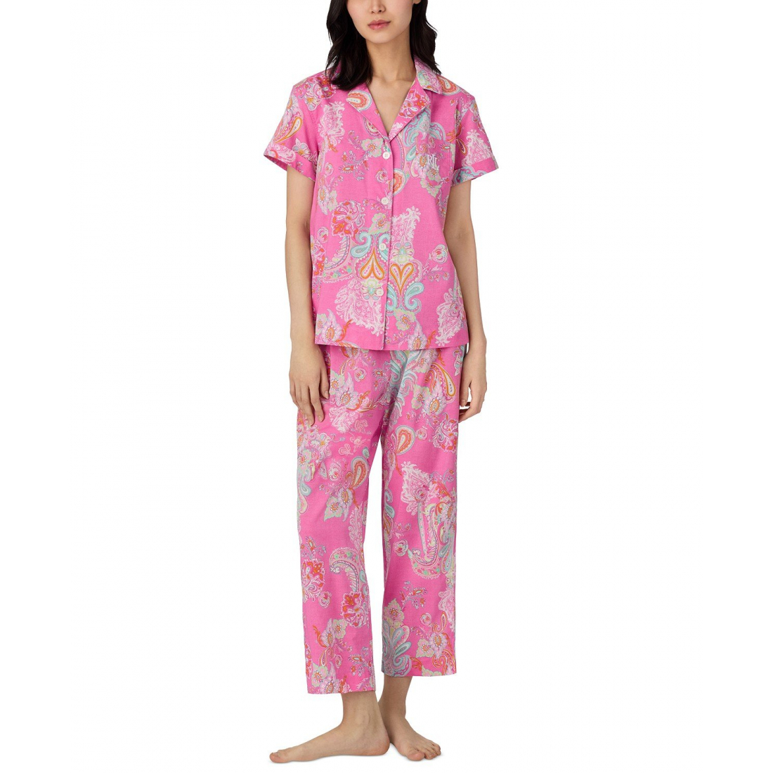 'Women’s Short Sleeve Notch Collar Capri Pant Pajama Set' pour Femmes