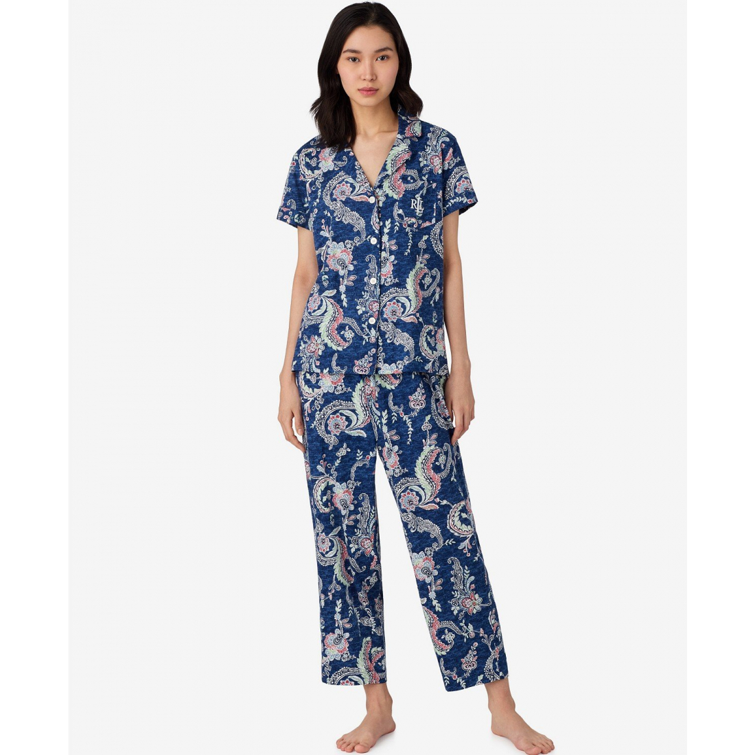 'Women’s Short Sleeve Notch Collar Capri Pant Pajama Set' pour Femmes