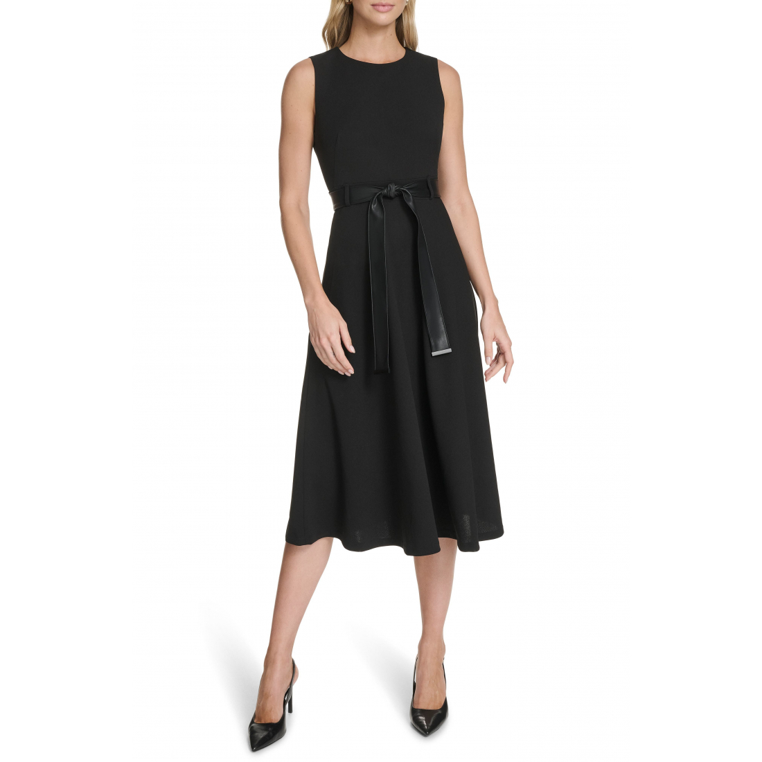 Robe A-line 'Faux Leather Belt Scuba Crepe Midi' pour Femmes