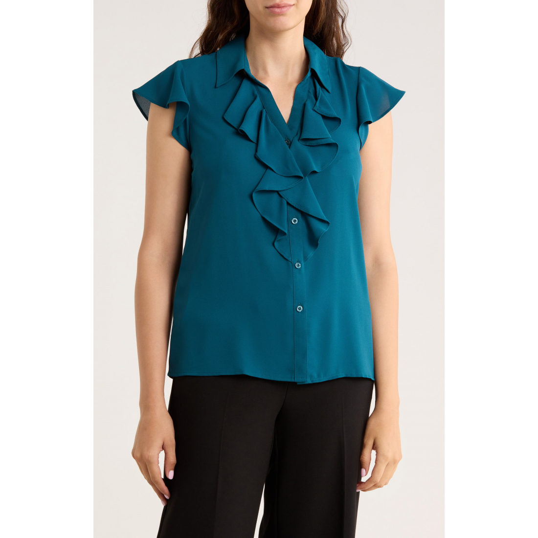 Chemise 'Cap Sleeve Ruffle Front Button-Up' pour Femmes