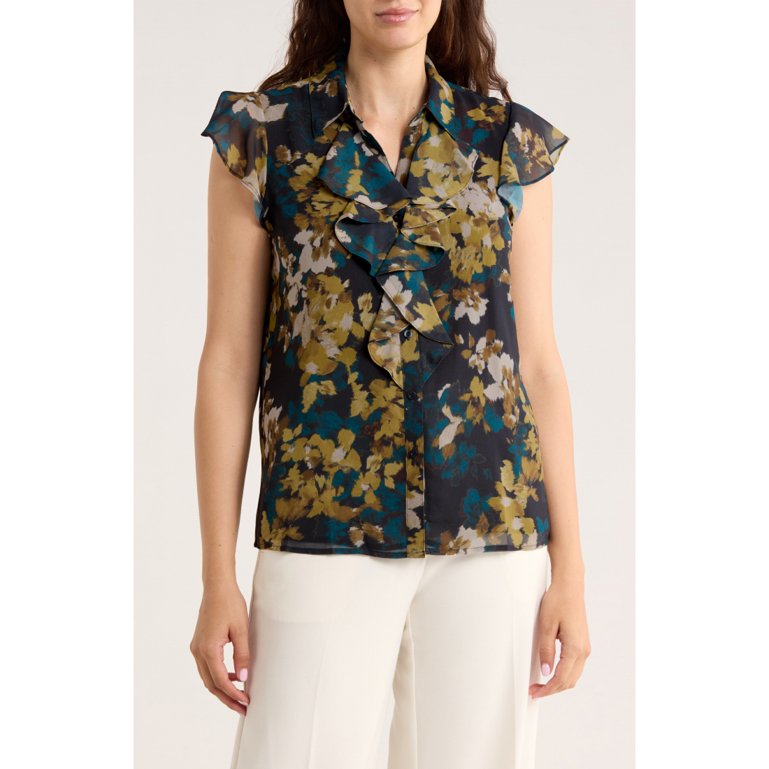 Top à manches courtes 'Cap Sleeve Ruffle Front Button-Up' pour Femmes