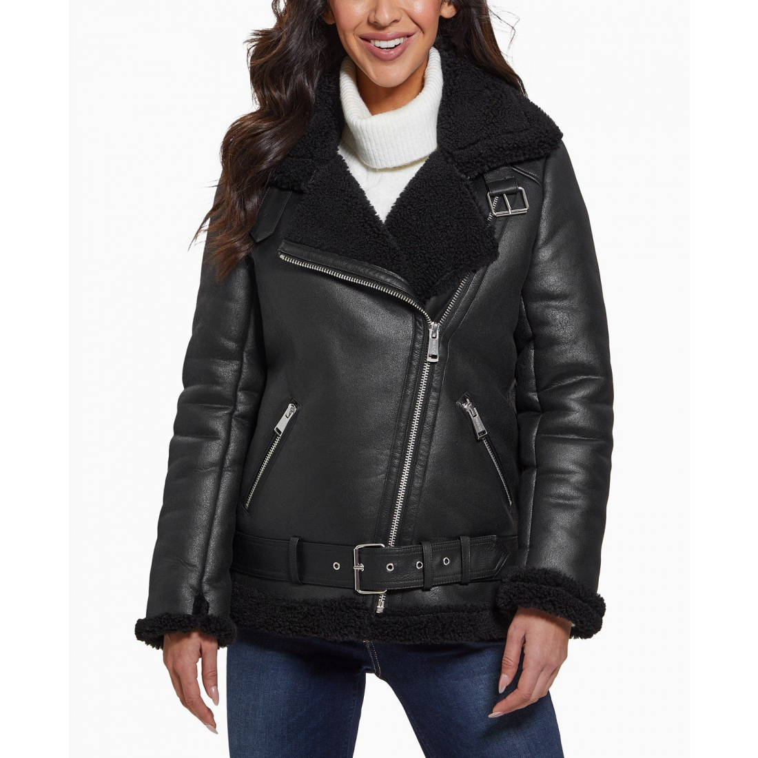 Manteau motard 'Faux-Shearling Asymmetric' pour Femmes