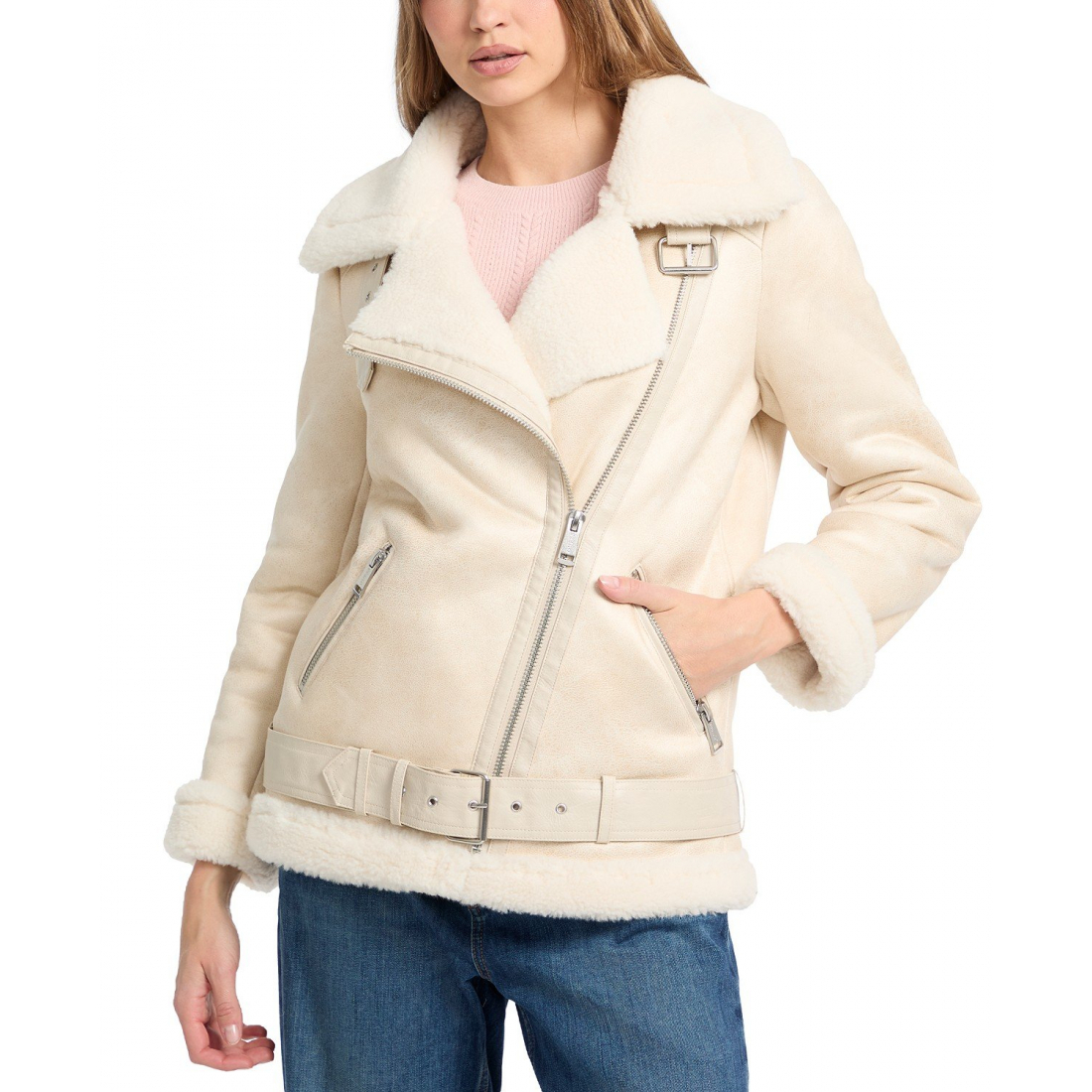 Manteau motard 'Faux-Shearling Asymmetric' pour Femmes