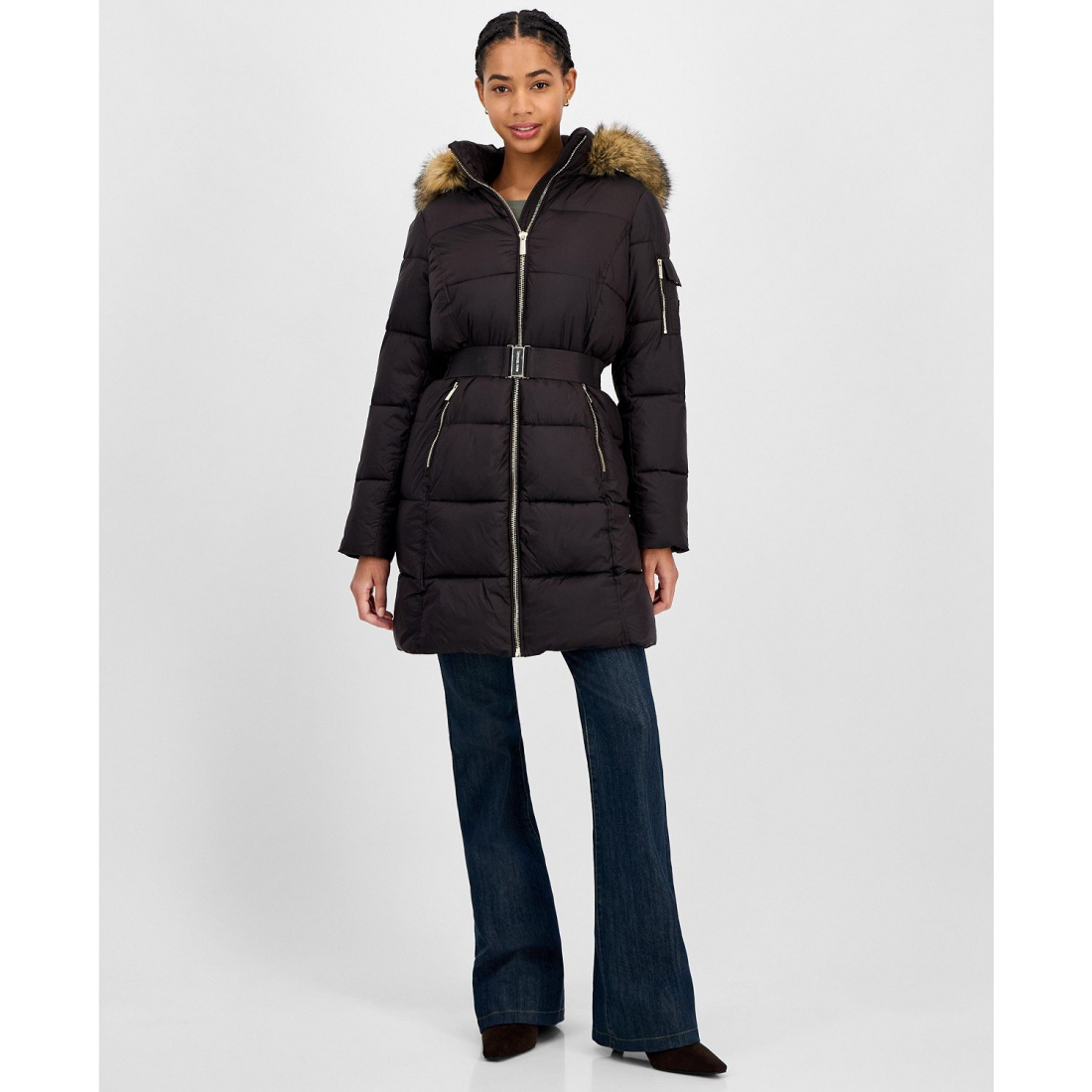 Manteau matelassé 'Belted Hooded Faux-Fur-Trim' pour Femmes