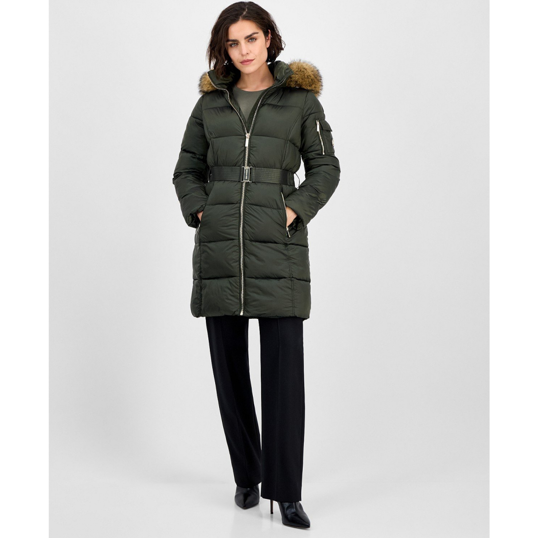 Manteau matelassé 'Belted Hooded Faux-Fur-Trim' pour Femmes