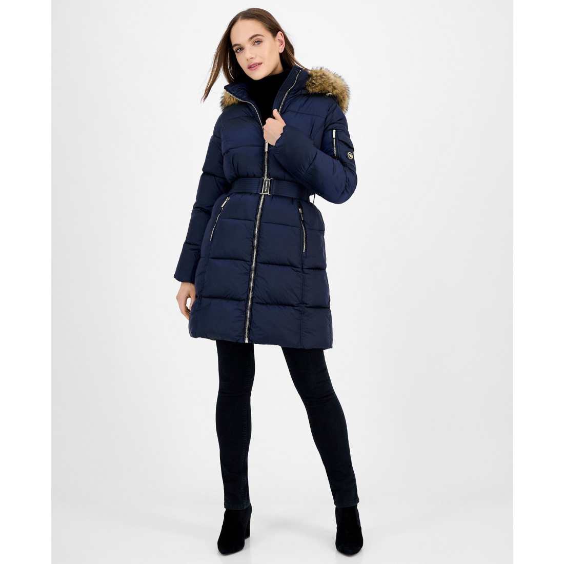 Manteau matelassé 'Belted Hooded Faux-Fur-Trim' pour Femmes