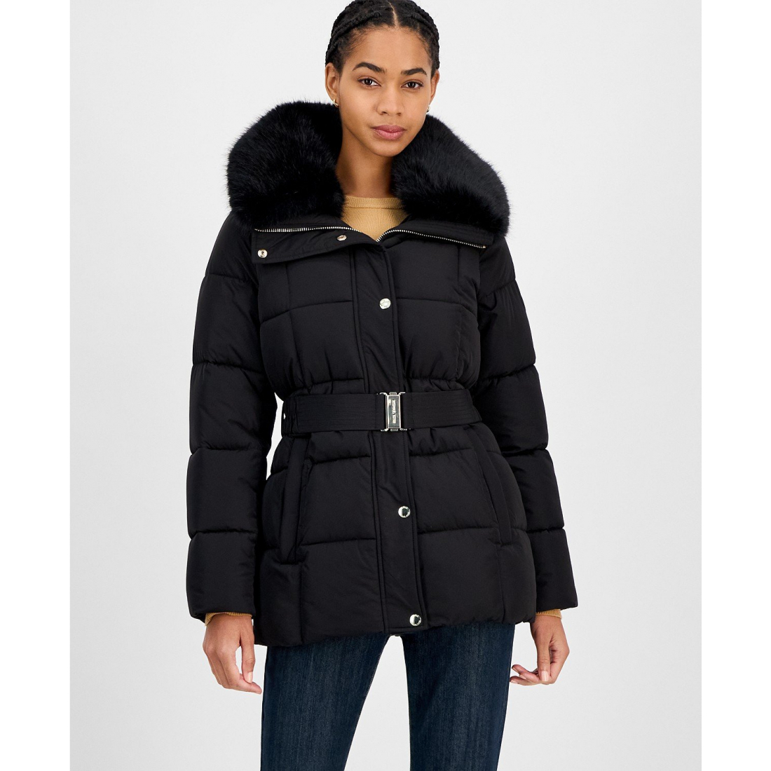 Manteau matelassé 'Belted Hooded Faux-Fur-Collar' pour Femmes