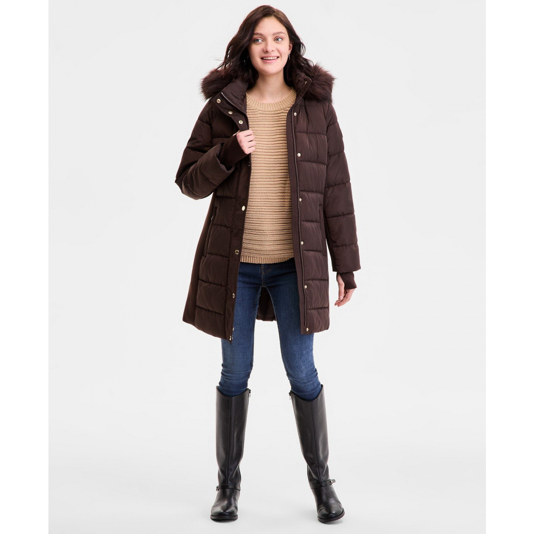 Manteau matelassé 'Faux-Fur-Trim Hooded' pour Femmes