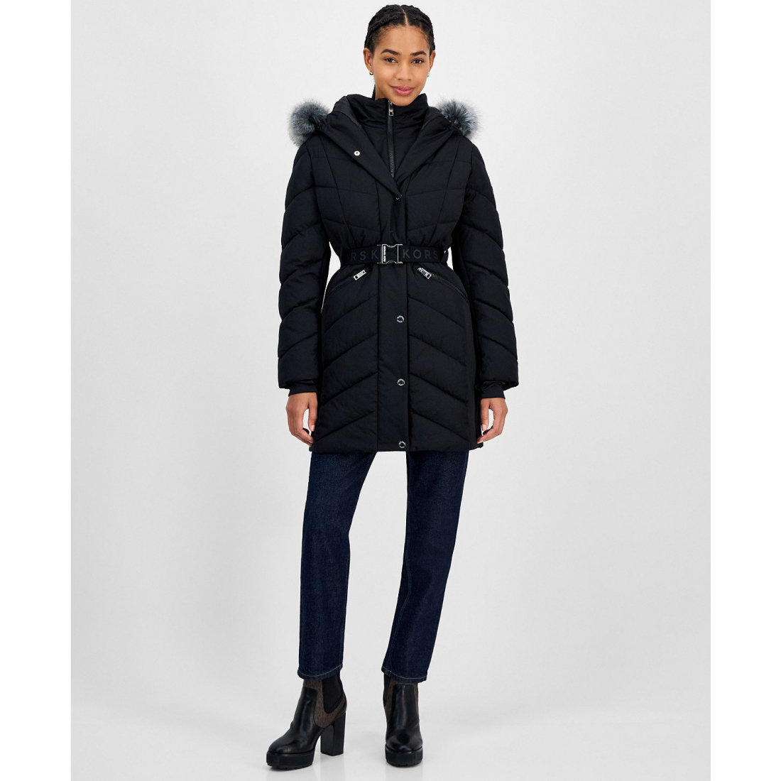 Manteau matelassé 'Faux-Fur-Trim Hooded Belted' pour Femmes