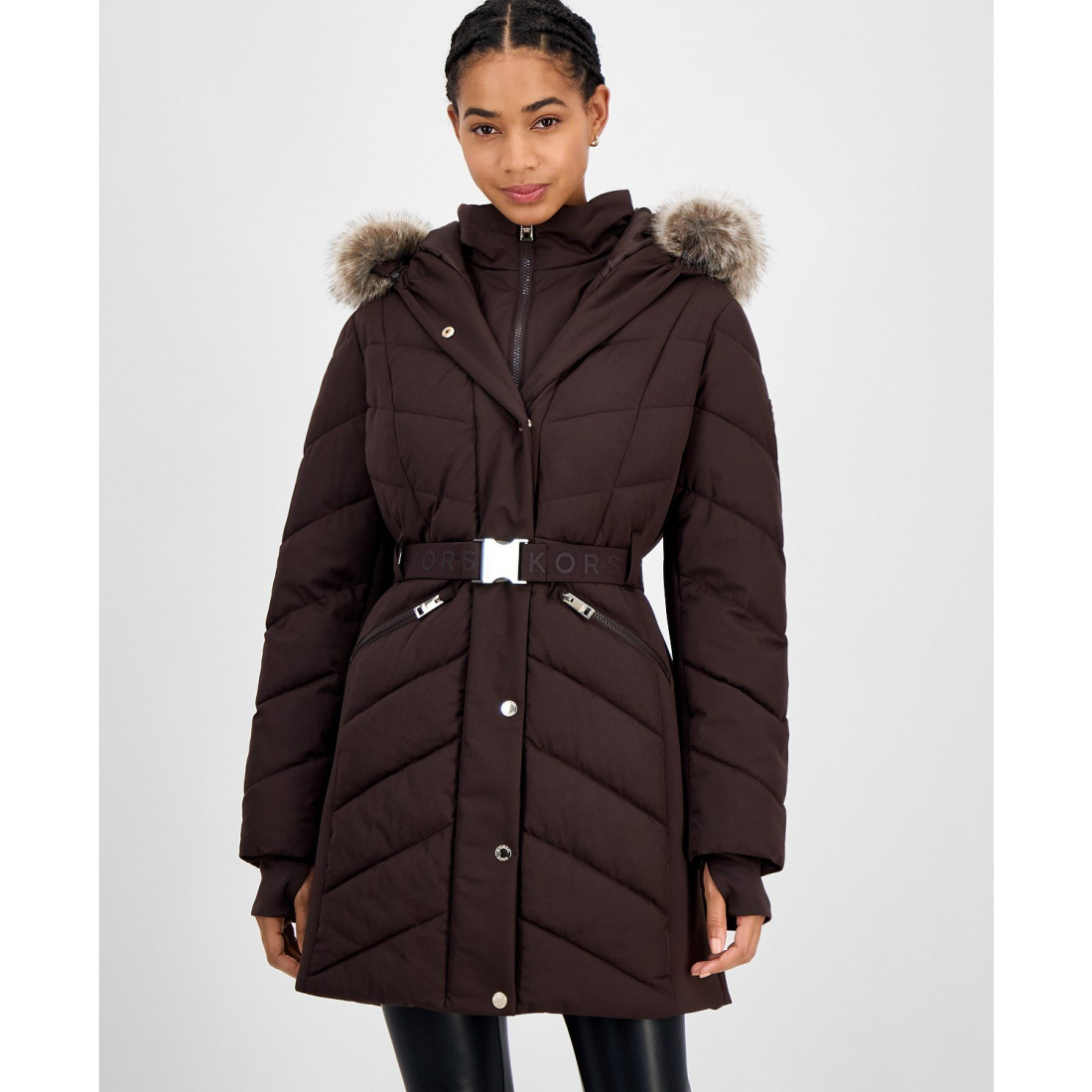 Manteau matelassé 'Faux-Fur-Trim Hooded Belted' pour Femmes