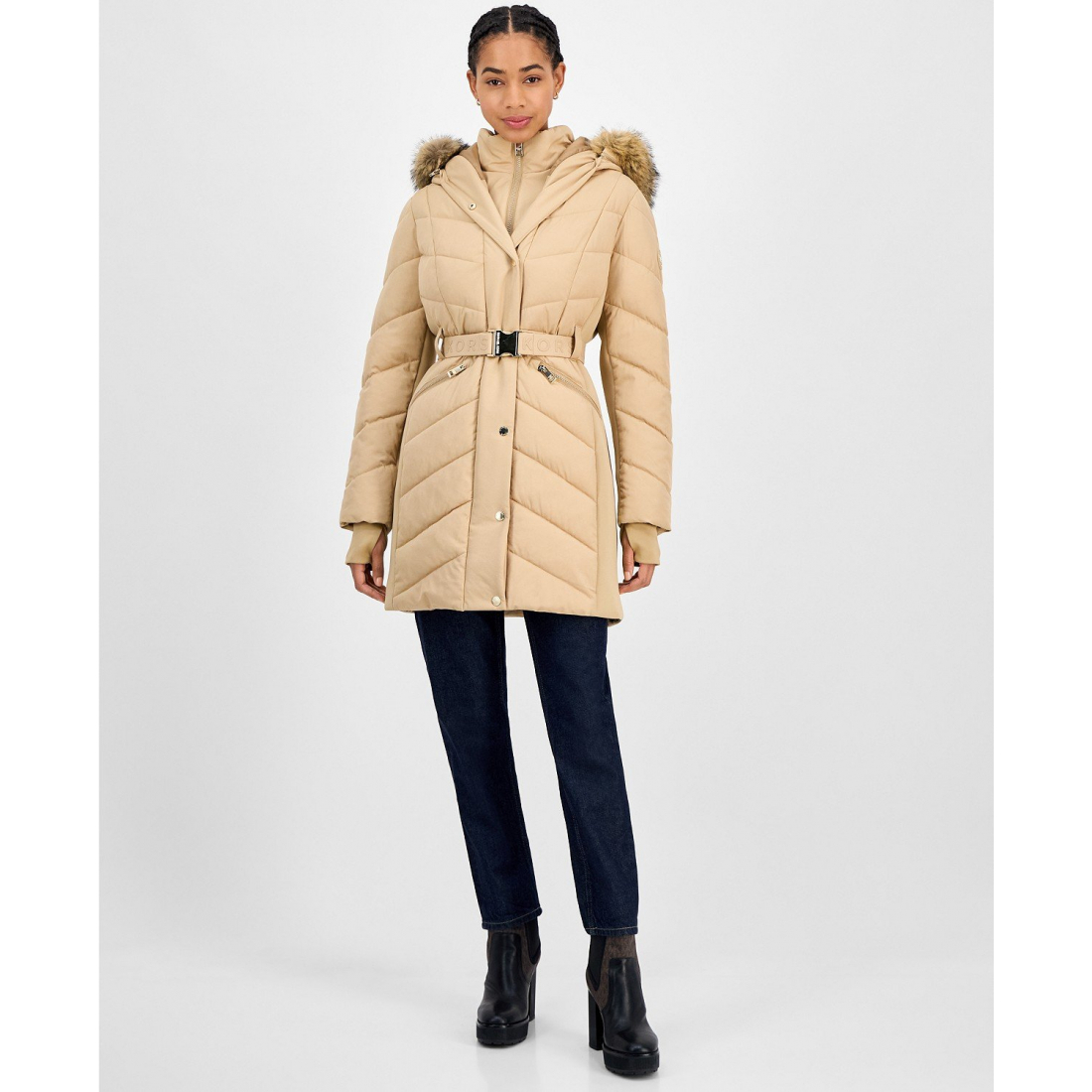 Manteau matelassé 'Faux-Fur-Trim Hooded Belted' pour Femmes