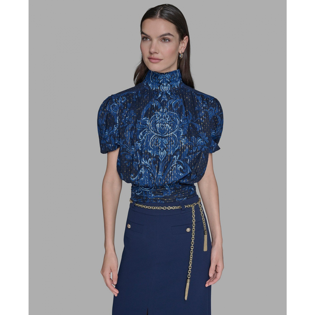 Top à manches courtes 'Metallic Printed Puff-Sleeve Top' pour Femmes