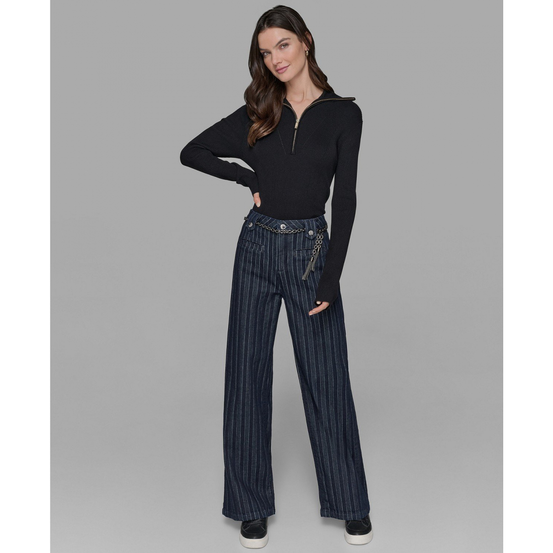 Jeans 'Striped Denim Belted Wide-Leg Pants' pour Femmes